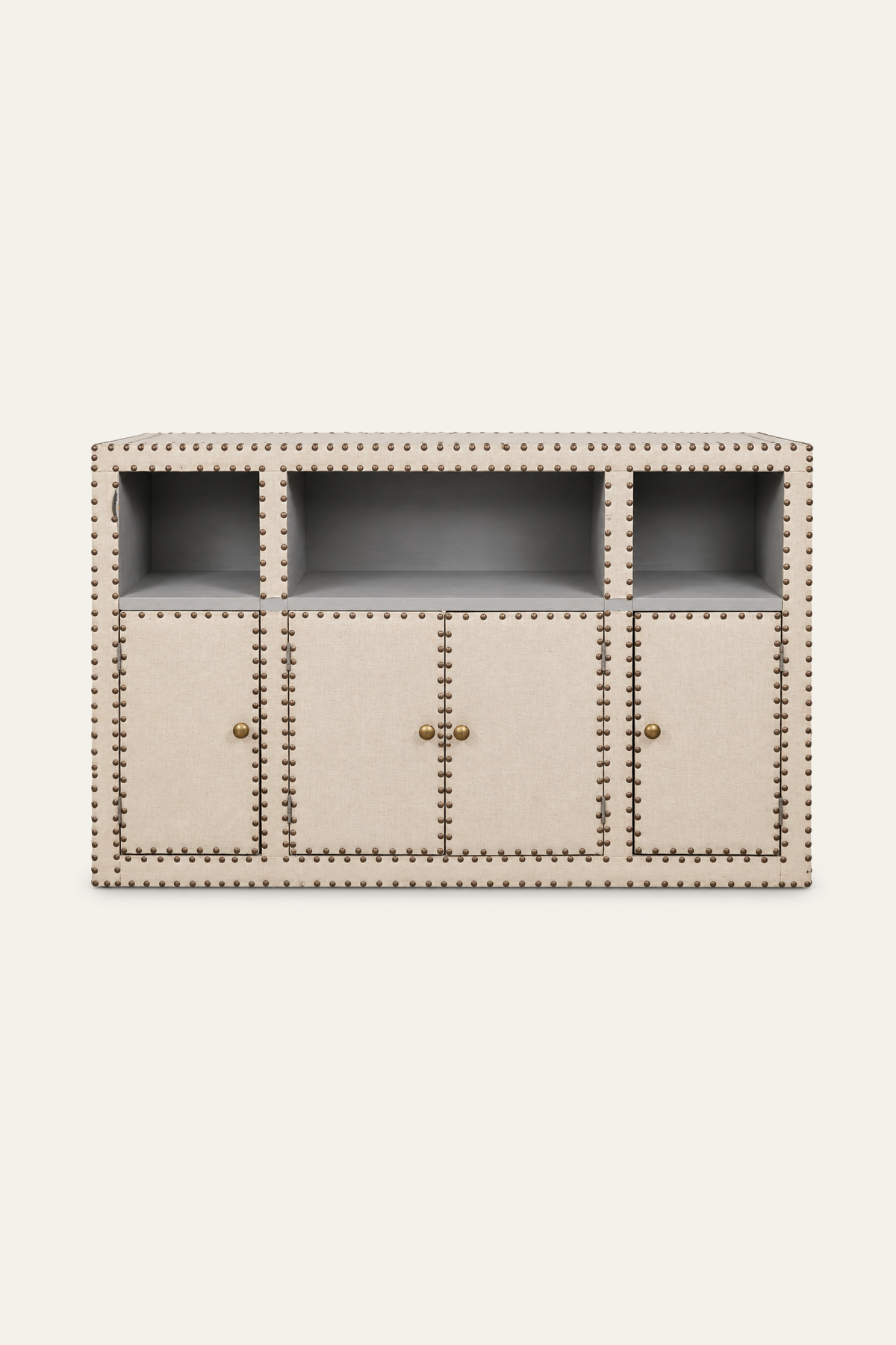 Light Brown Brass-Studded 4-Door Sideboard with Open Shelves