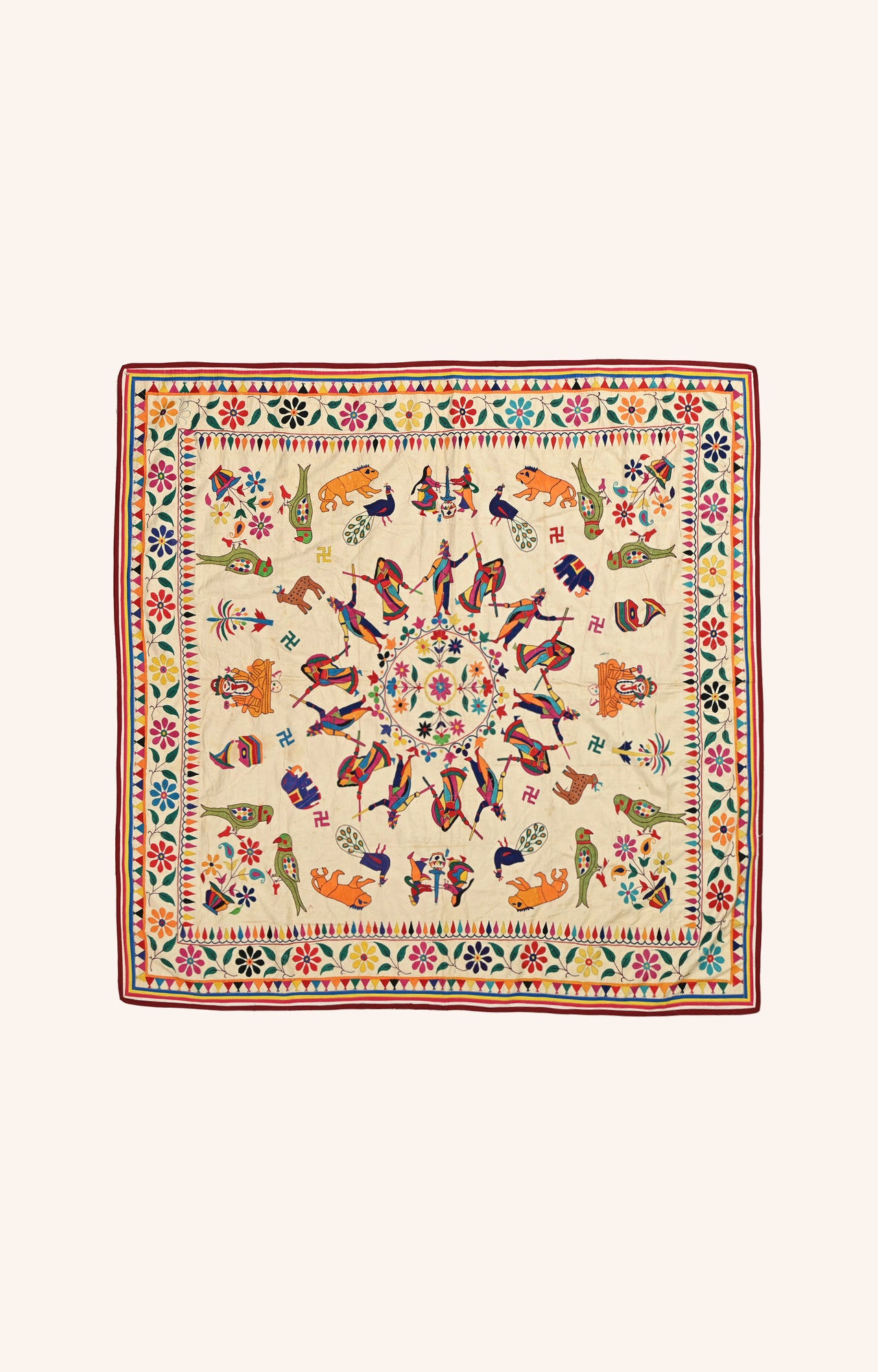 Vibrant Kutch Embroidery Cotton Wall Textile with Parrot, Animal, and Garba Dance Figures"