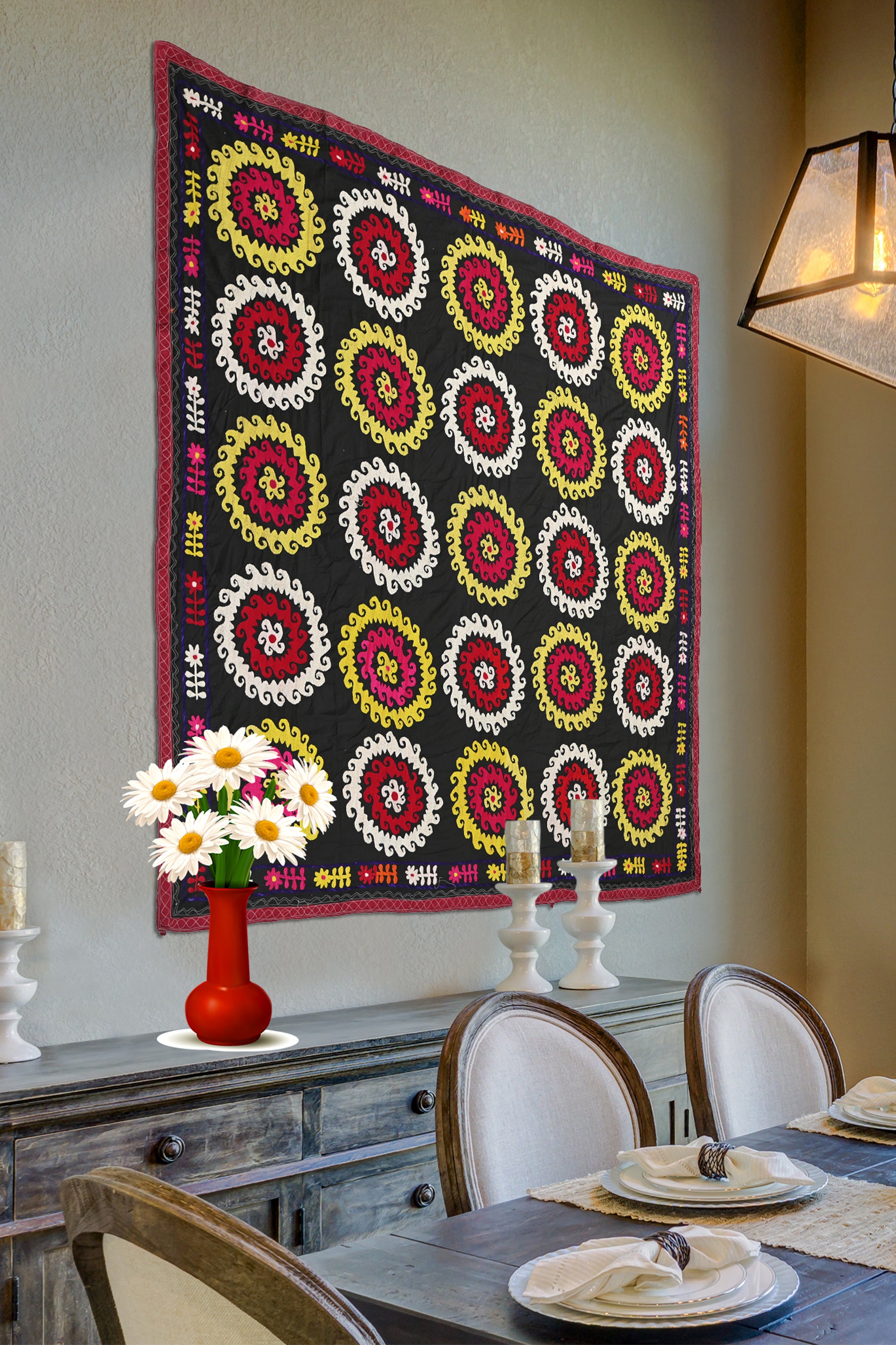 Black Spiral Suzani Tapestry Wall Art Hanging