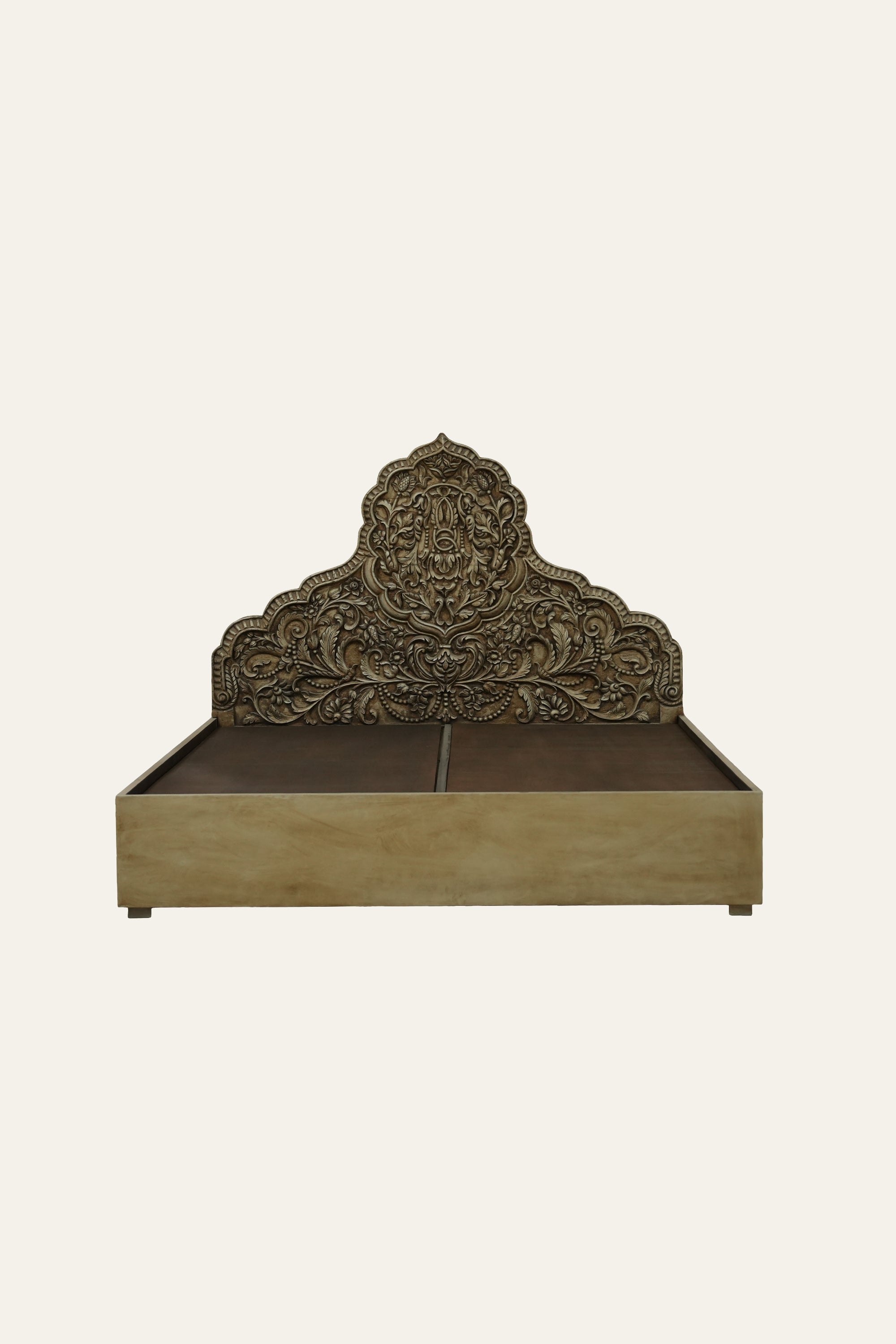 Carved Floral Motif Wooden Double Bed