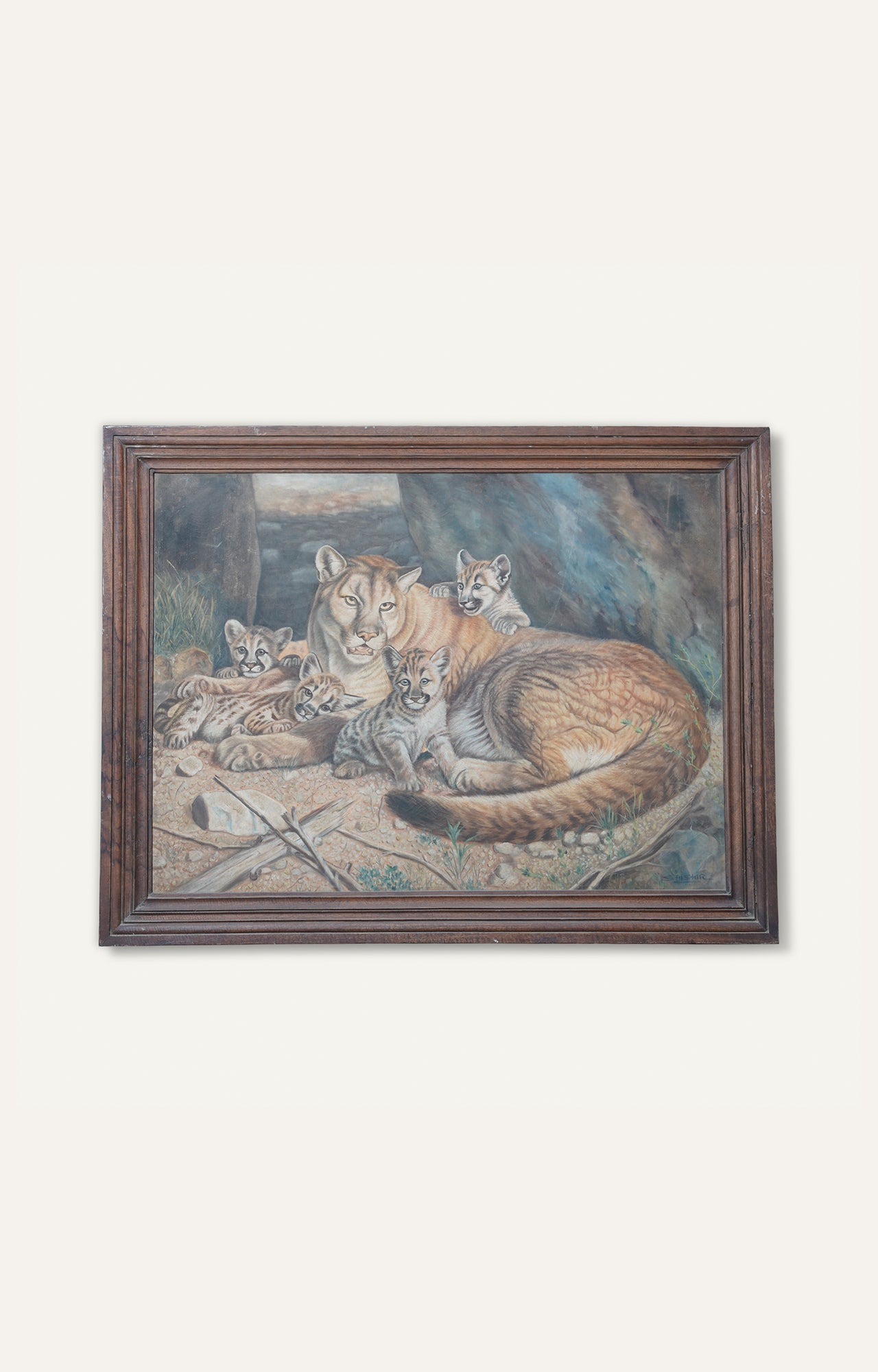 Rocky Mountain Majesty: A Mother Cougar and Her Cubs Oil Color Painting