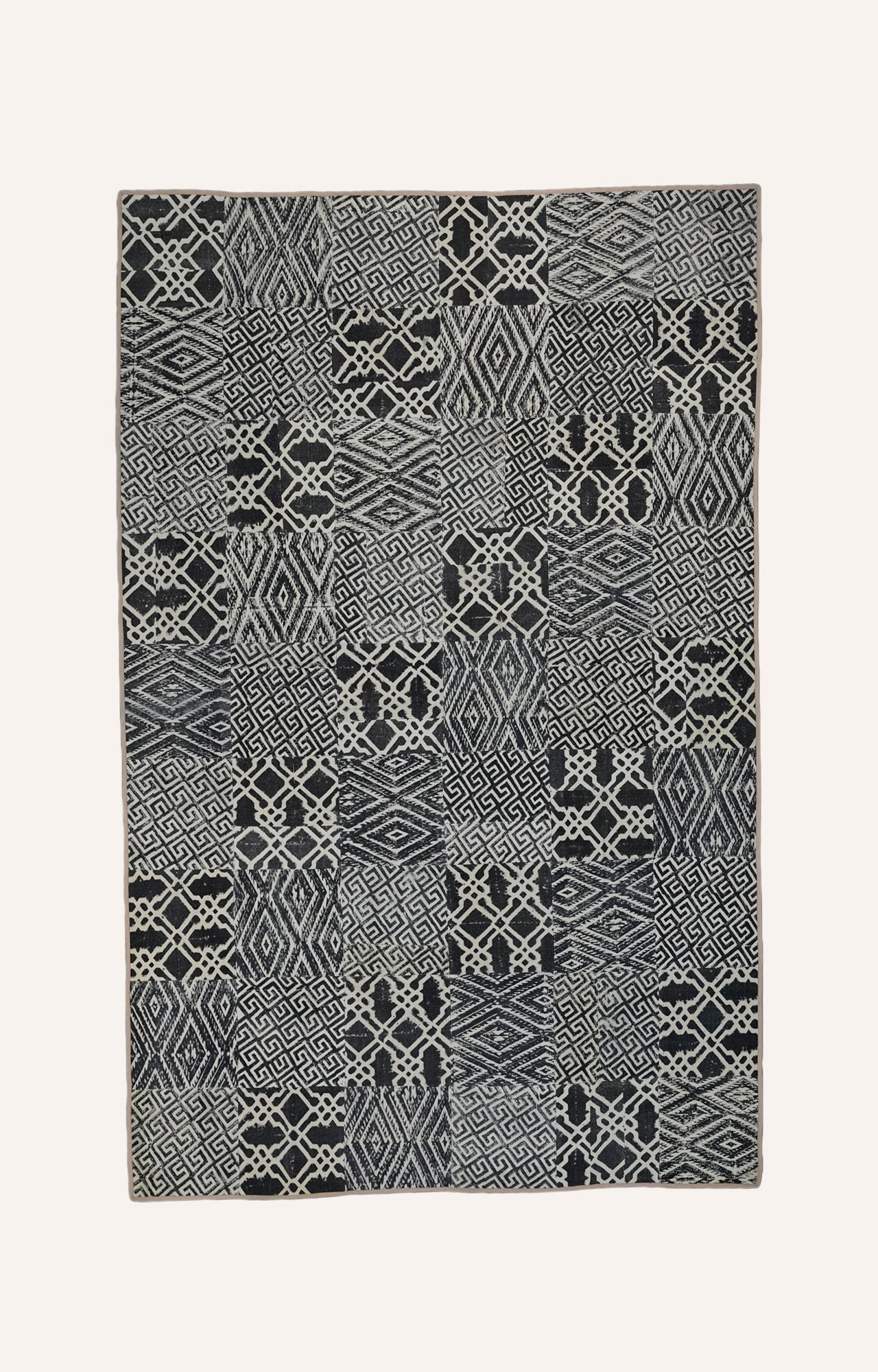 6.6 x 9.8 Ft Charcoal & Grey Patchwork Cotton Rug with Traditional Motifs