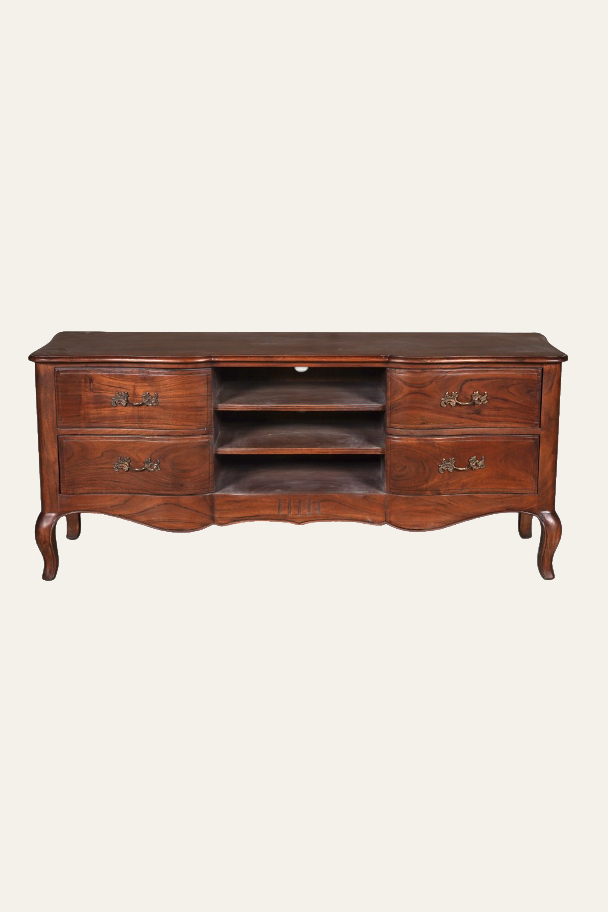 French Provincial Wooden TV Unit with 4 Drawers & Open Media Shelves