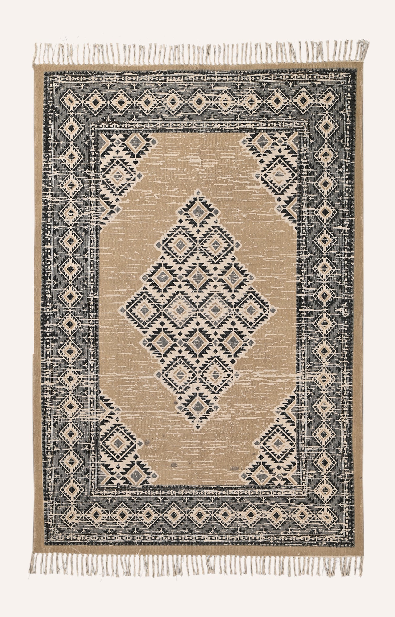 Handwoven Block Printed Geometric Medallion Area Rug