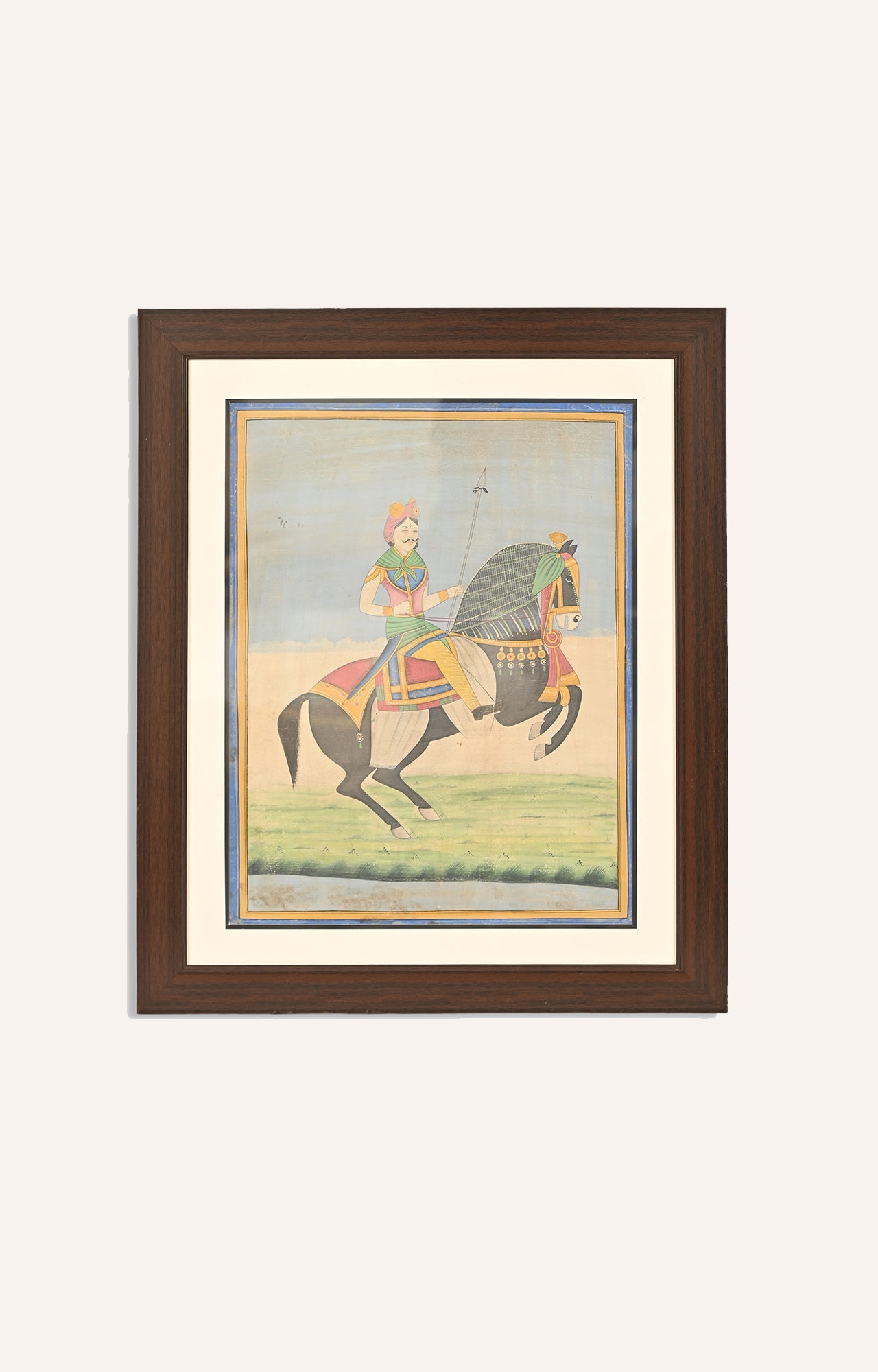 Framed Watercolor Painting : Mughal Emperor on Horse.