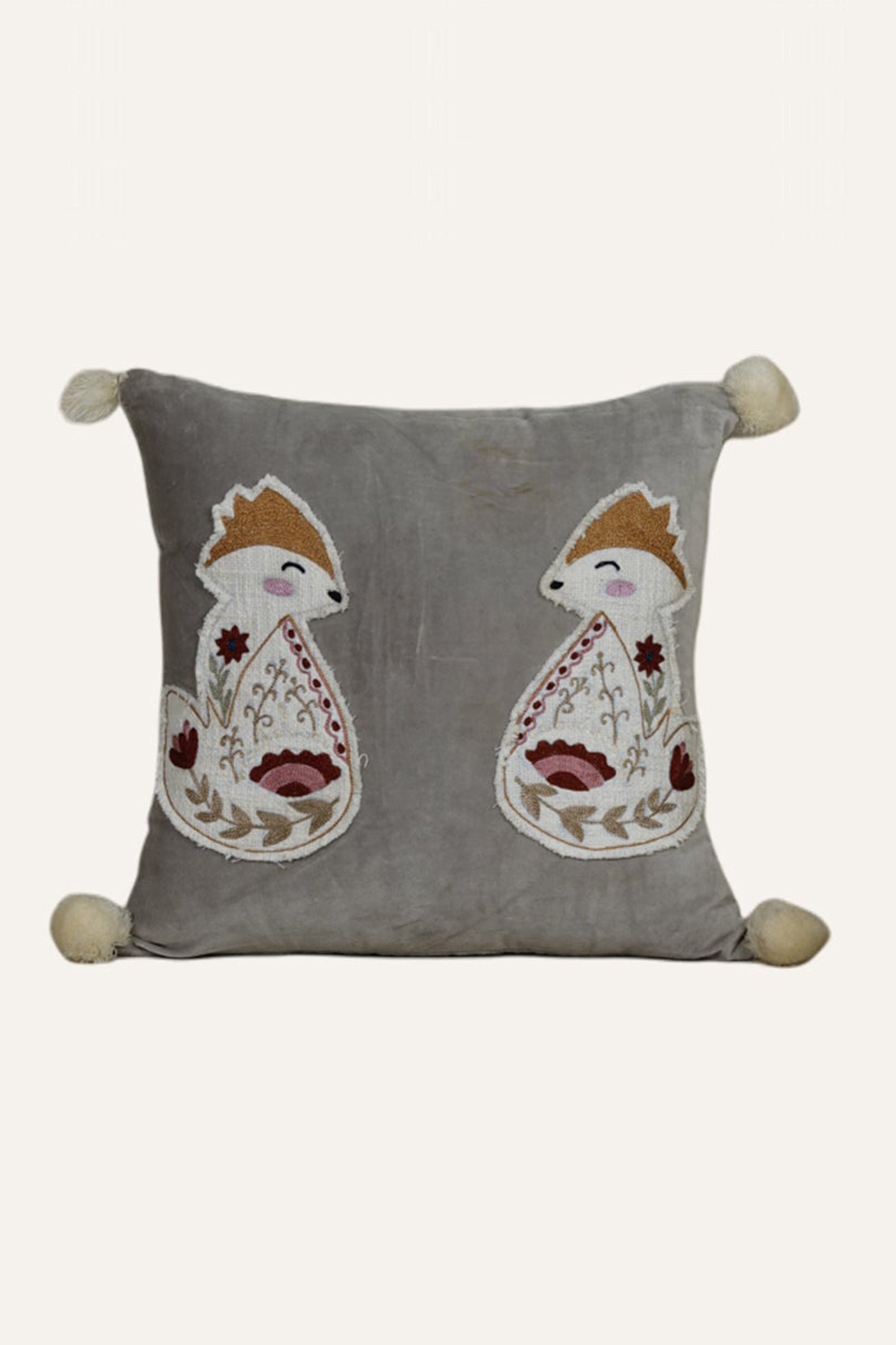 Velvet Cushion with Embroidered Fox Motif