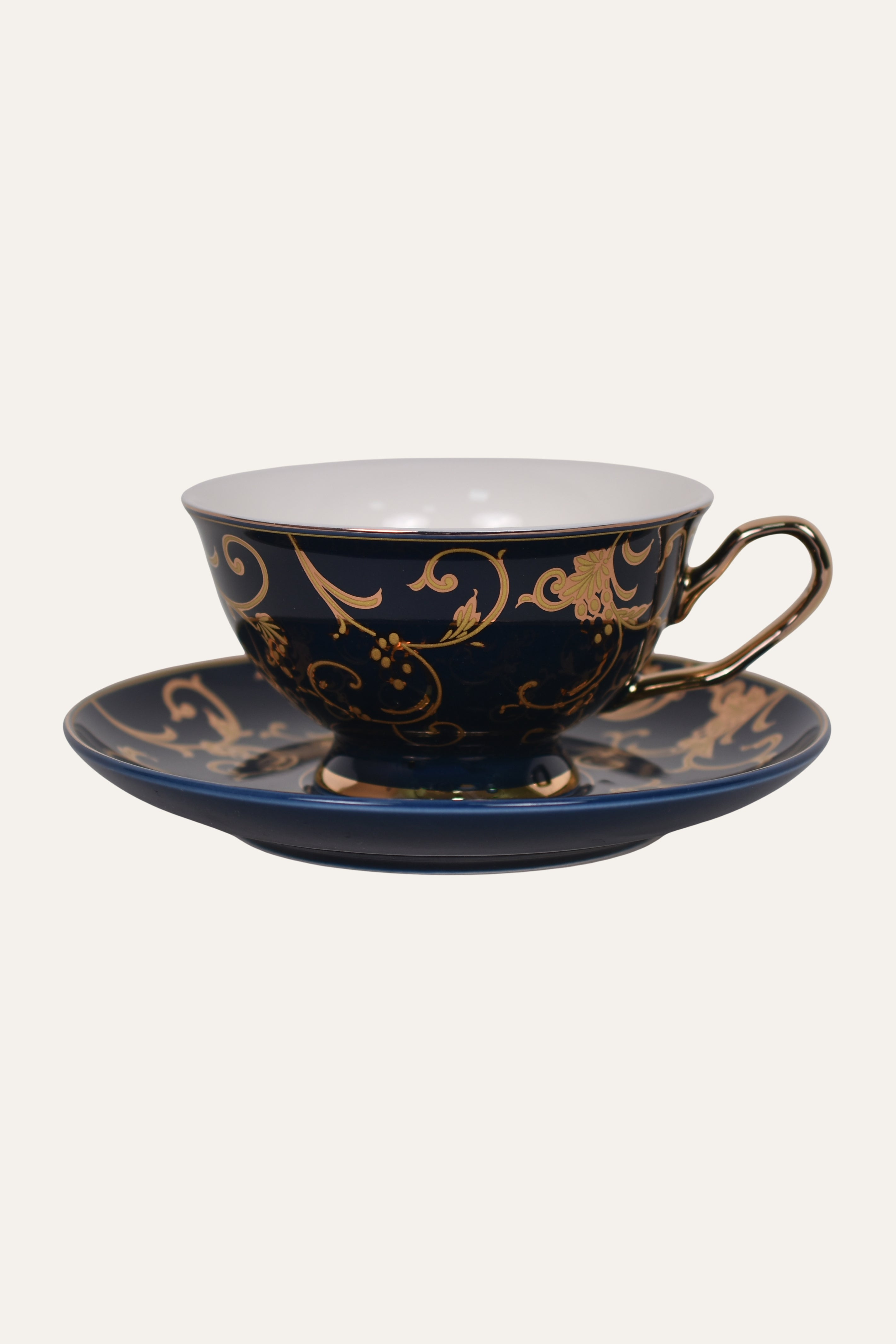 Midnight Blue Hand-Painted Porcelain Cup & Saucer Set with Gold Scrollwork – Luxury Tea Cup
