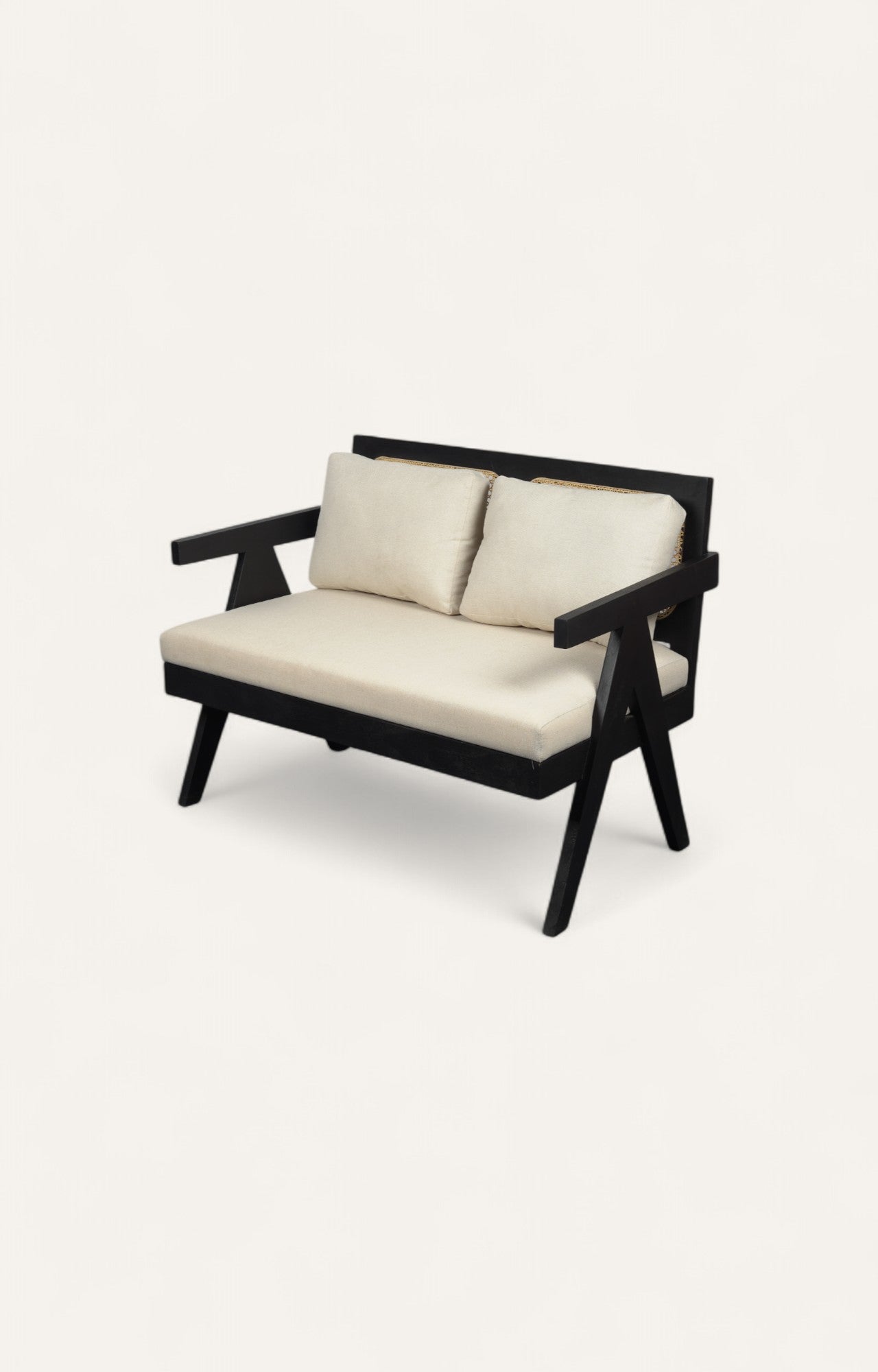 Modern Black Acacia Sofa with Cane & Linen