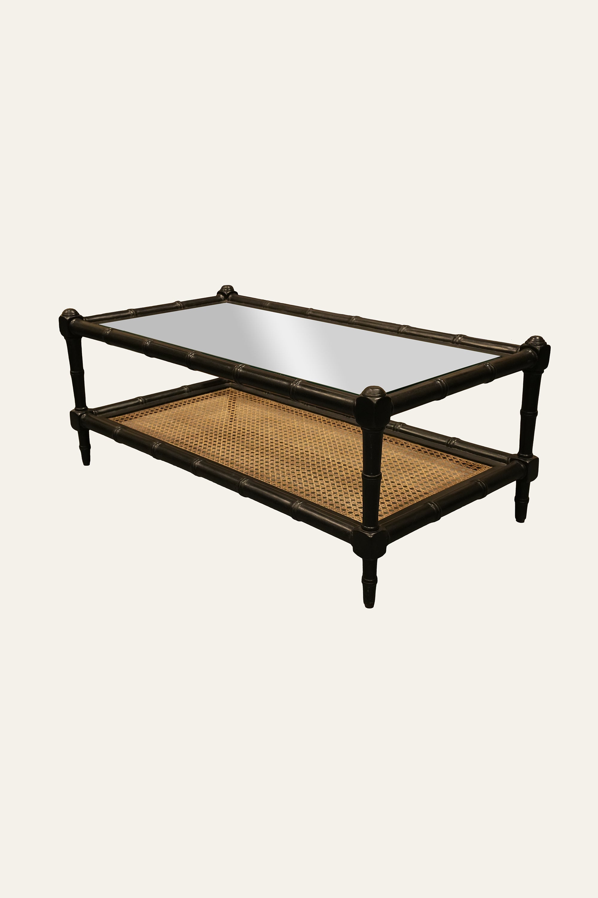 Black Rectangular Wooden Coffee Table with Glass Top & Lower Cane Shelf