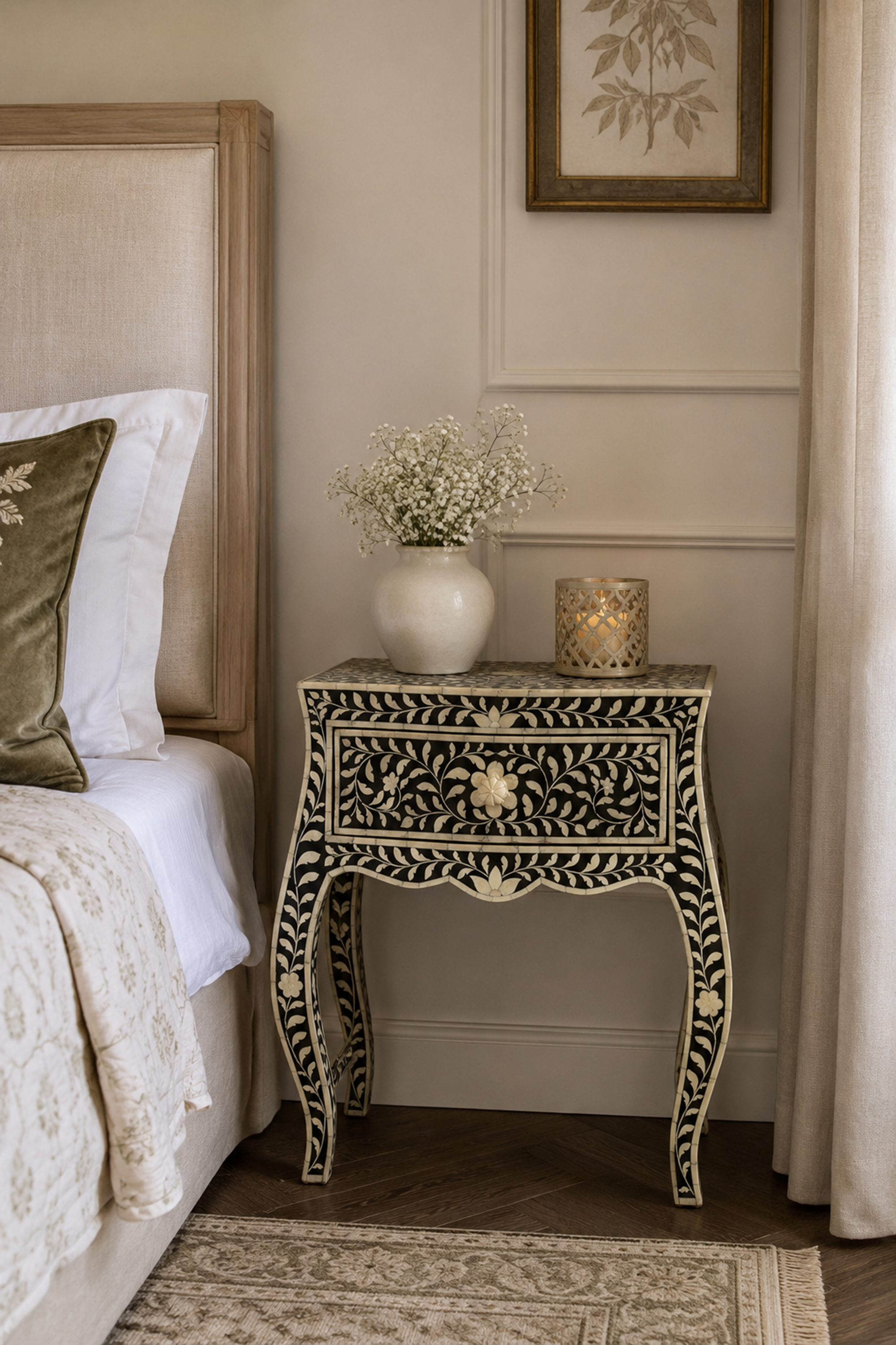 Floral Pattern Bone Inlay 1-Drawer Bedside Table