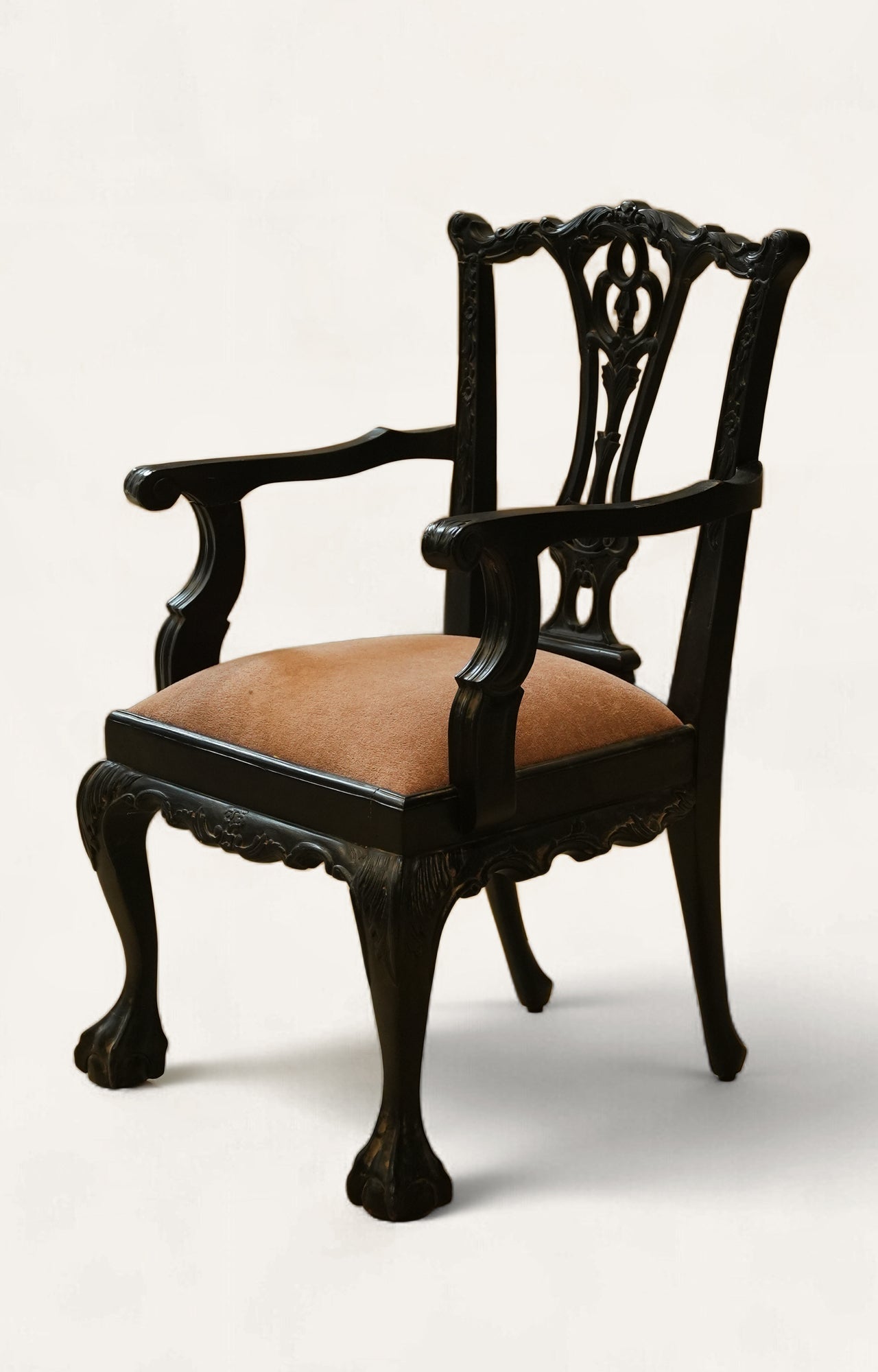 Hand-Carved Black Queen Anne Style Armchair