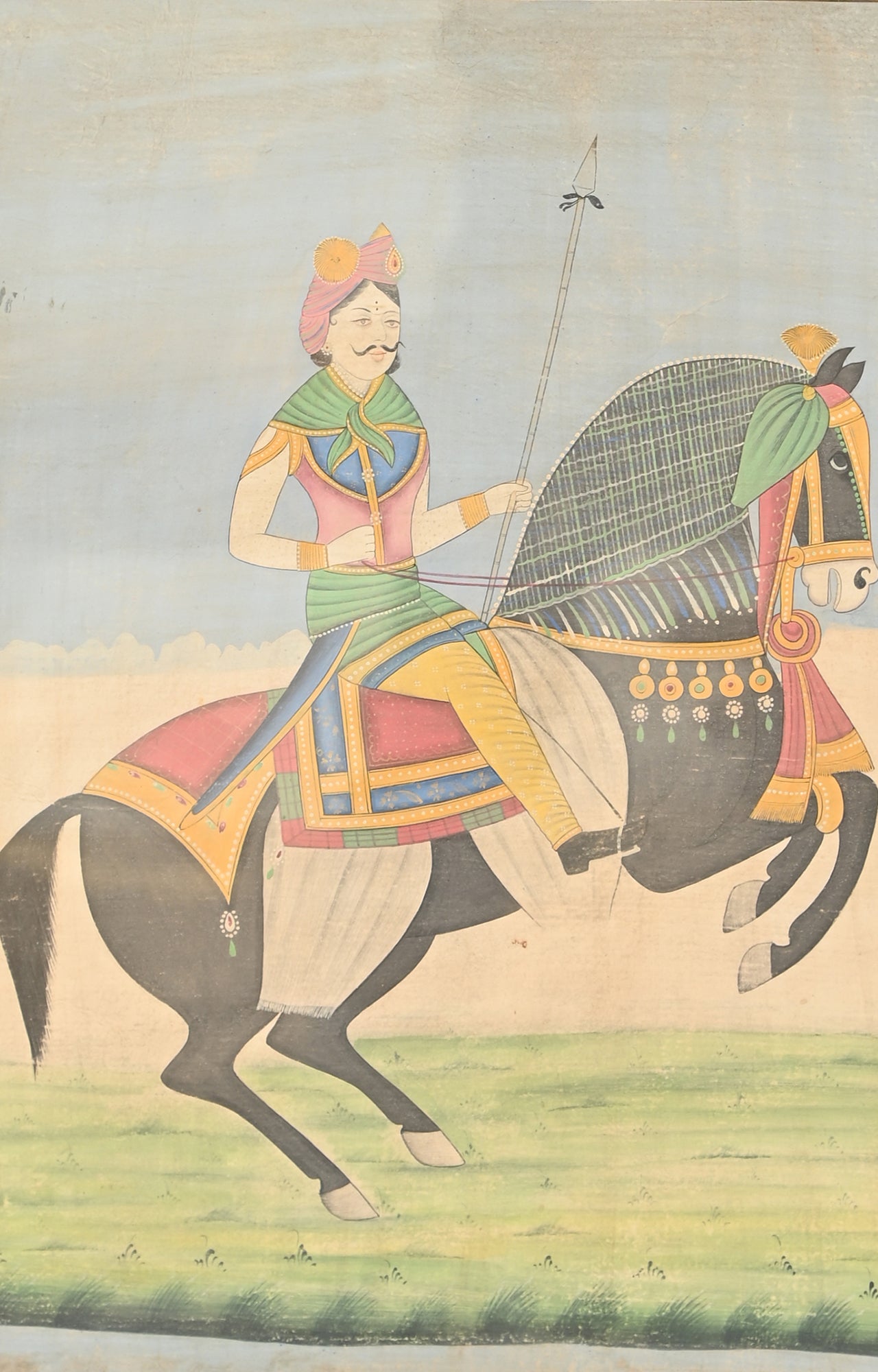 Framed Watercolor Painting : Mughal Emperor on Horse.