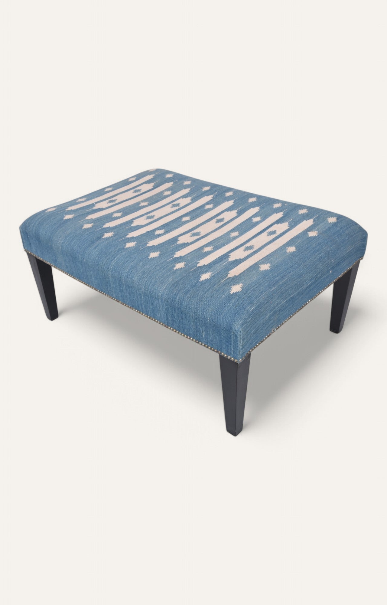 Blue White Dhurrie Upholstered Ottoman