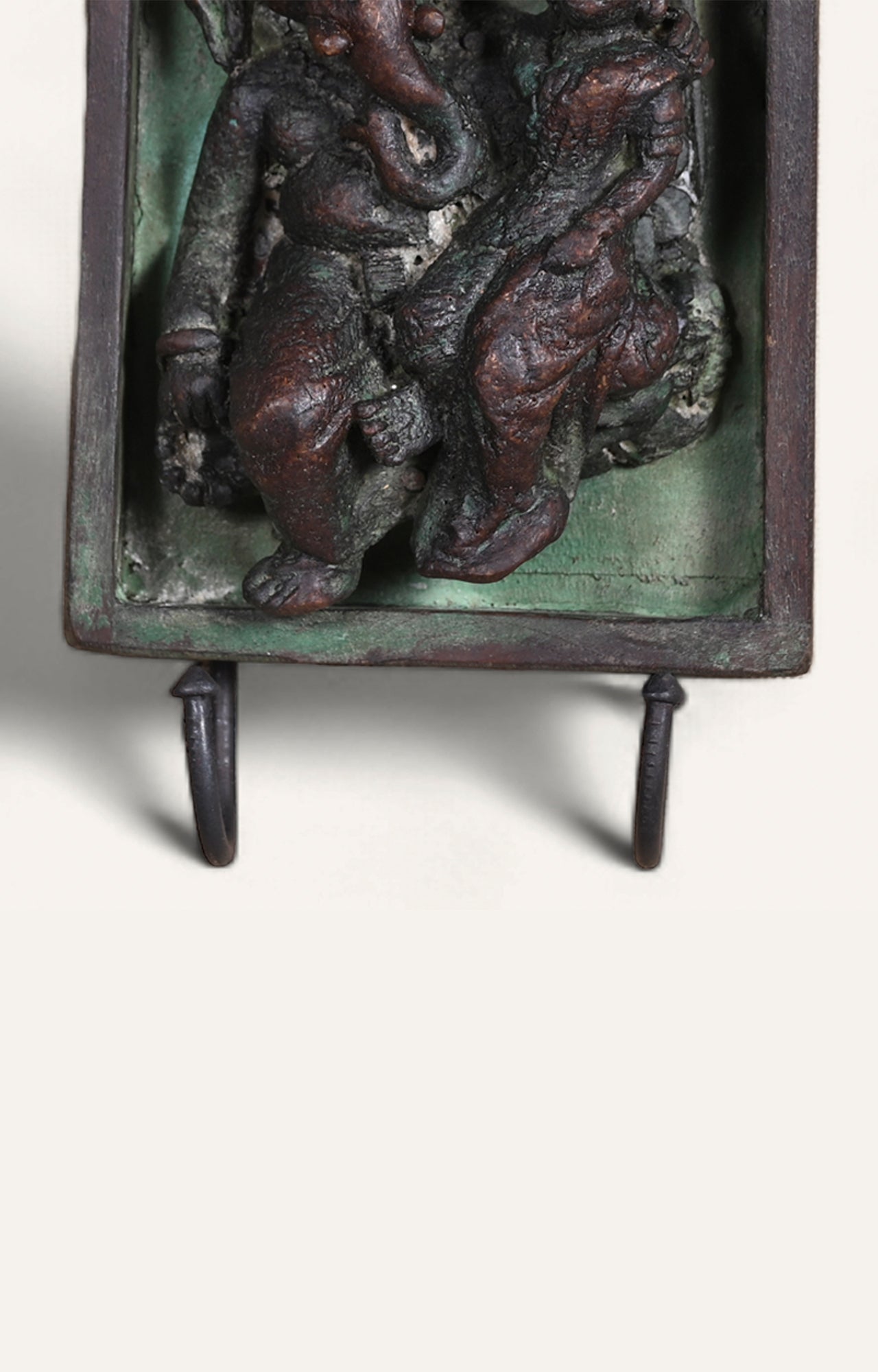 Carved Green Patina Wooden Panel with Ganesha, panel used for hanging