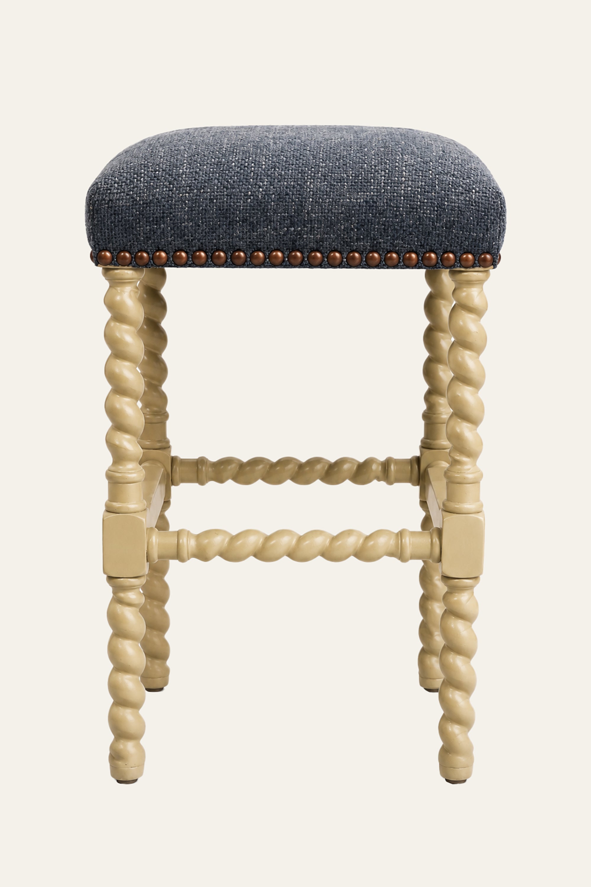 Barley Twist Wooden Stool with Textured Blue Upholstery