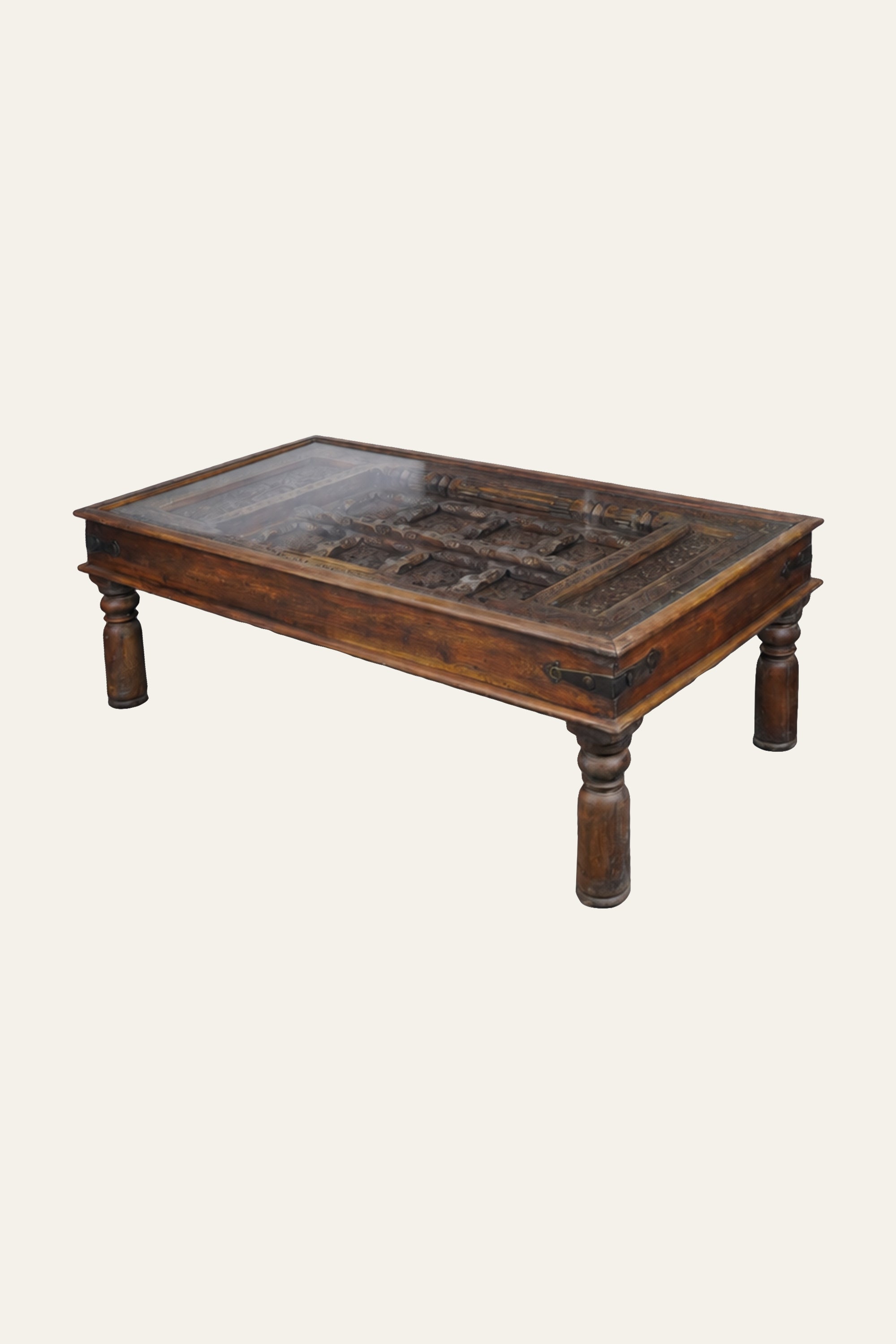 Recessed Carved Wooden Grid Panel  Coffee Table