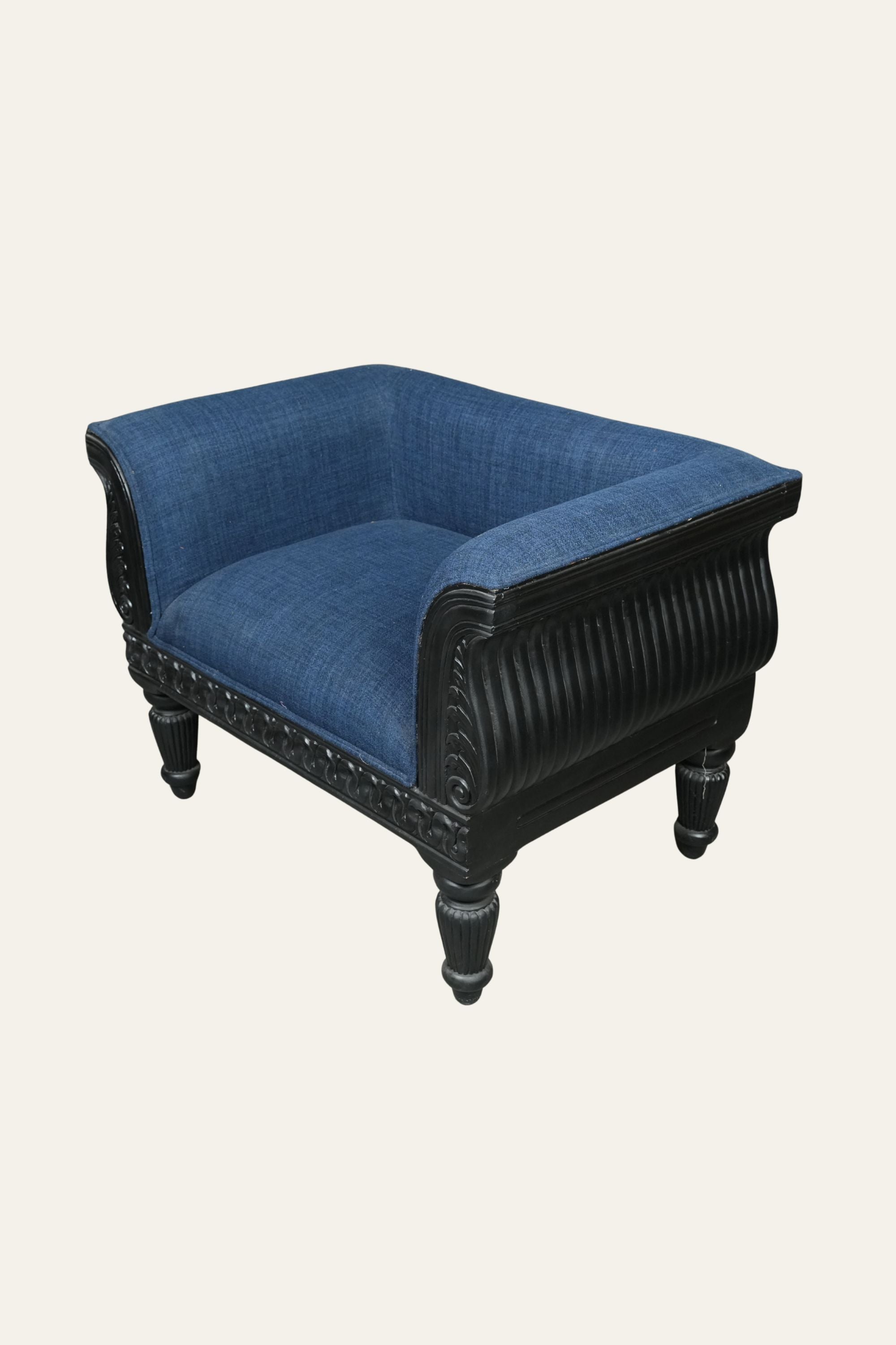 Blue Barrel Armchair with Black Carved Wood Frame