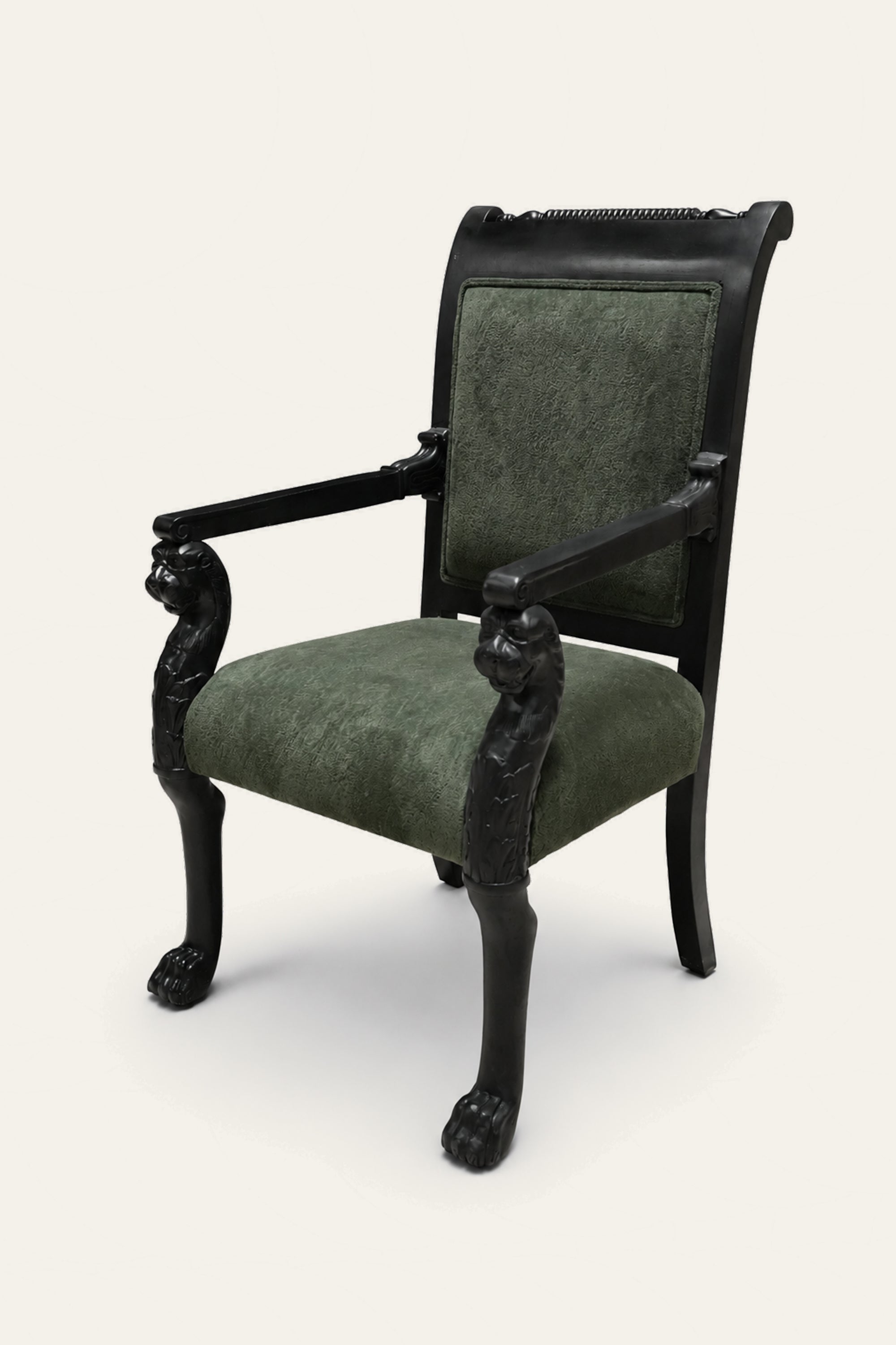 Empire Revival Style Carved Dark Green Upholstered Armchair
