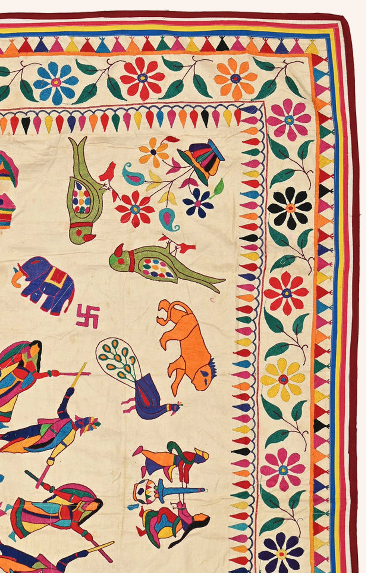 Vibrant Kutch Embroidery Cotton Wall Textile with Parrot, Animal, and Garba Dance Figures"