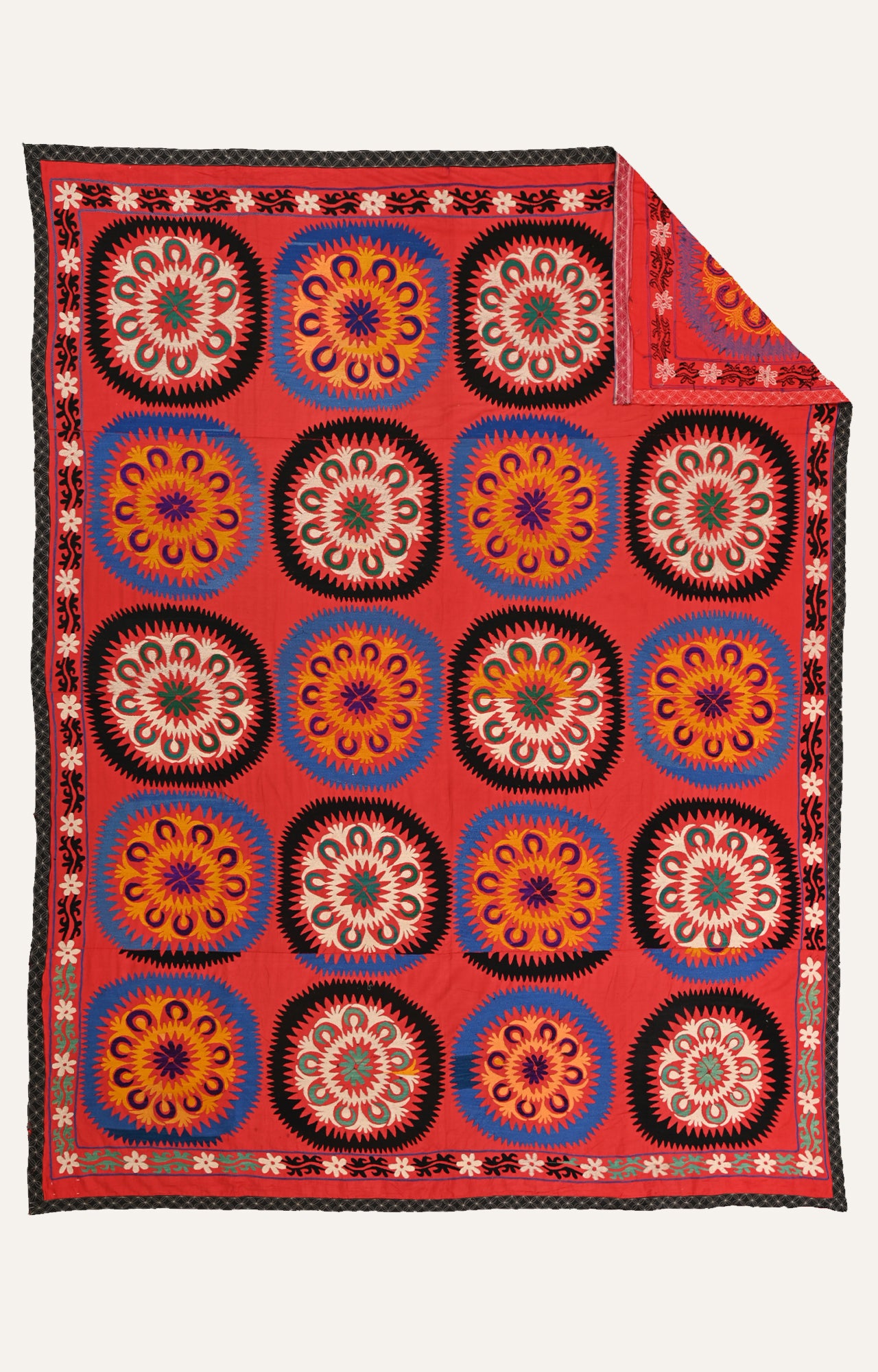 Vintage Central Asian  Silk Hand Embroidered Suzani with Geometric and Floral Embroidery