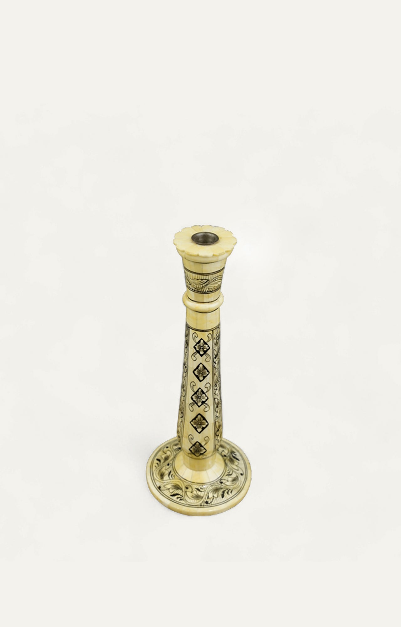 Vintage Bone Inlay Candle Holder: Floral Arabesque Design