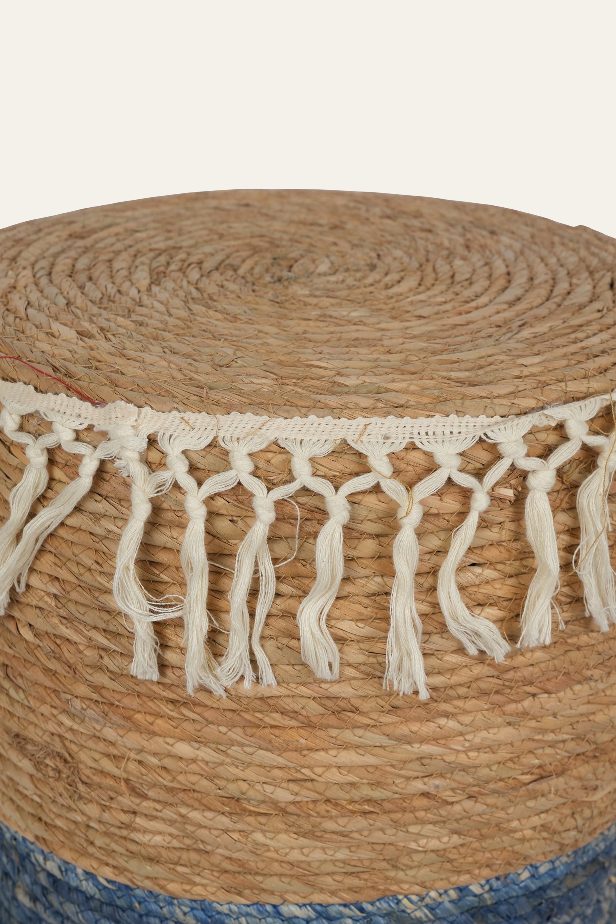 Dual Toned Natural Fibre Tassel Pouf in Wood