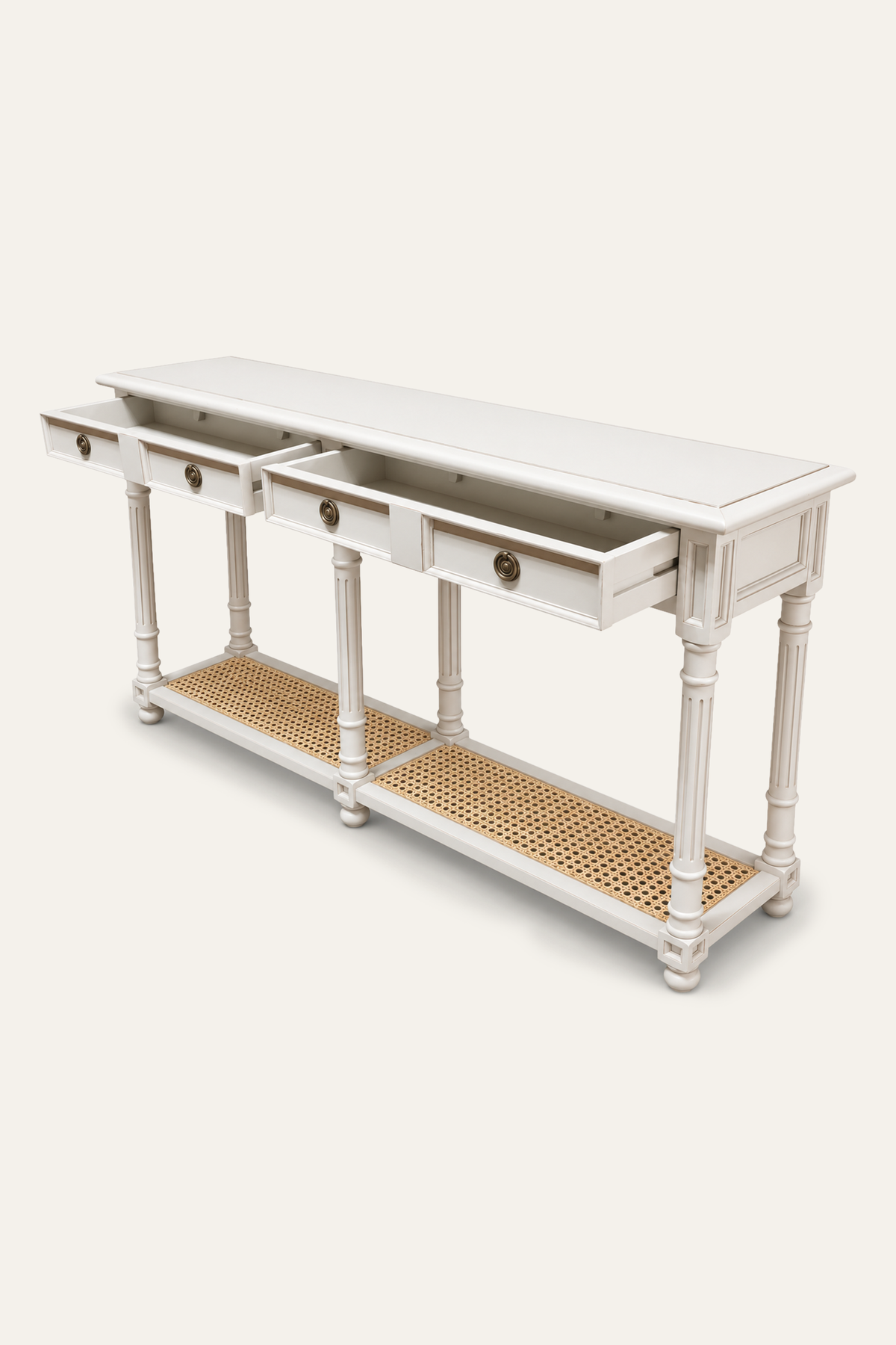White 4-Drawer Console Table with Woven Cane Shelf for Narrow Hallways