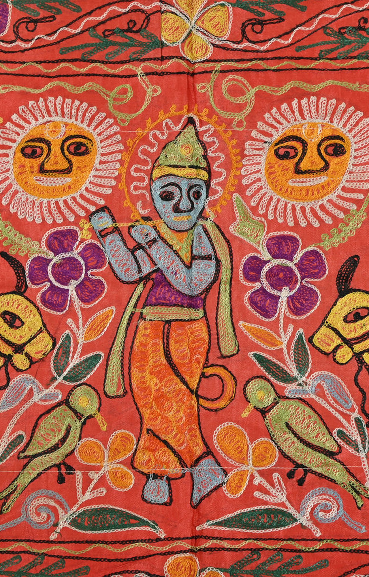 Lord Krishna with Cows and Peacock Cotton Kutch Embroidered Wall hanging