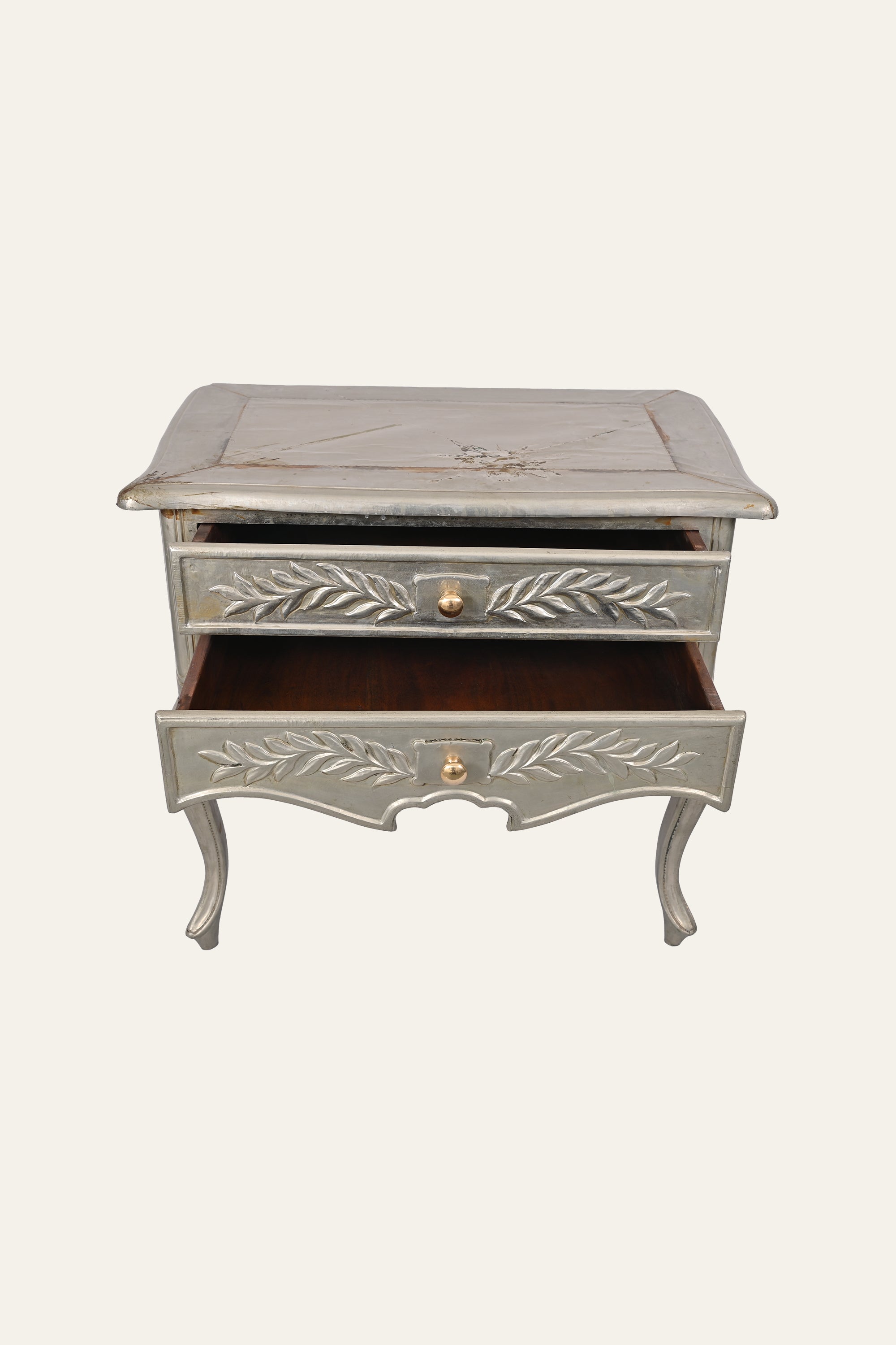 French Style White Metal Embossed 2-Drawer Chest of Drawers
