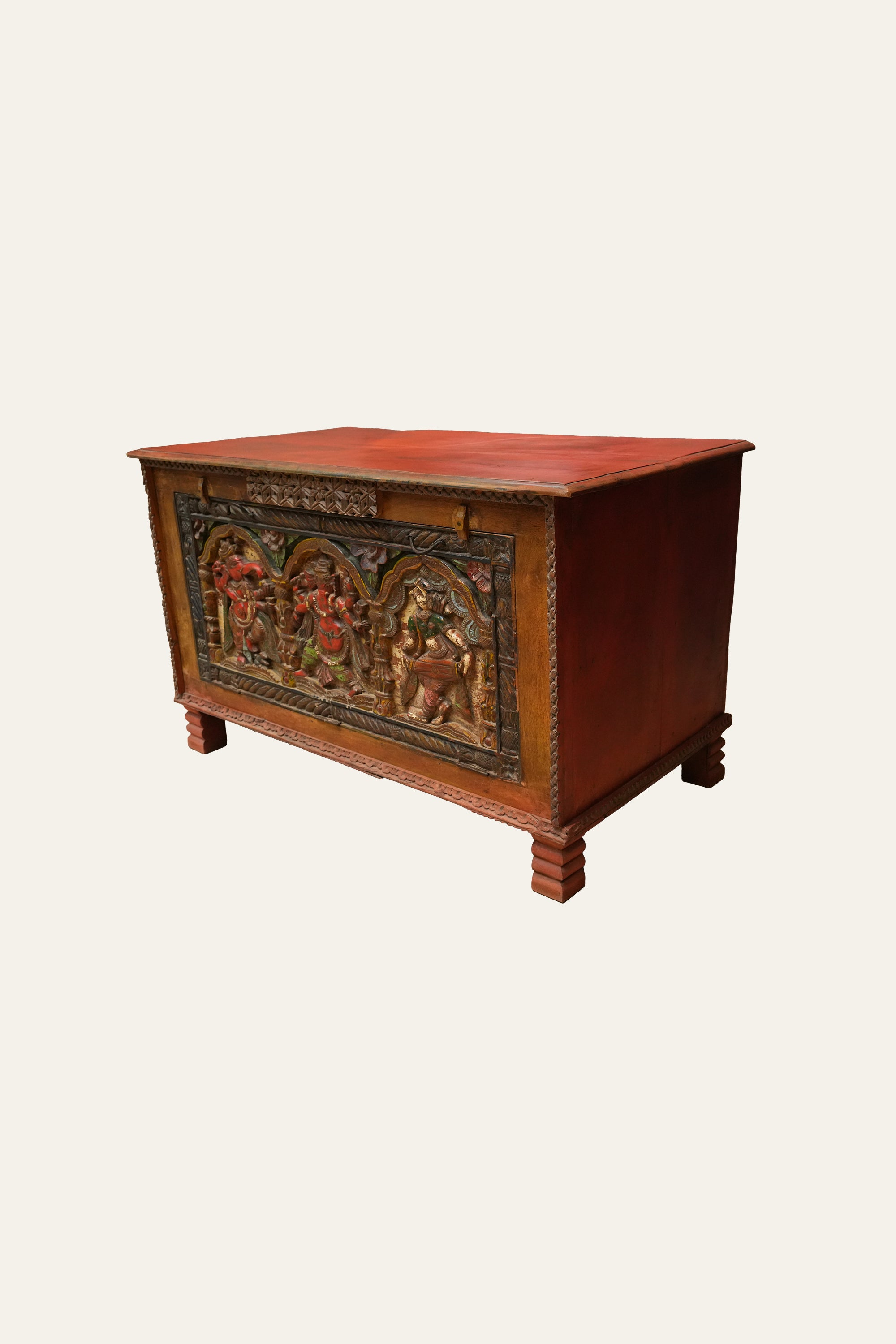 Carved Ganesha Wooden Storage Trunk for Indian Homes