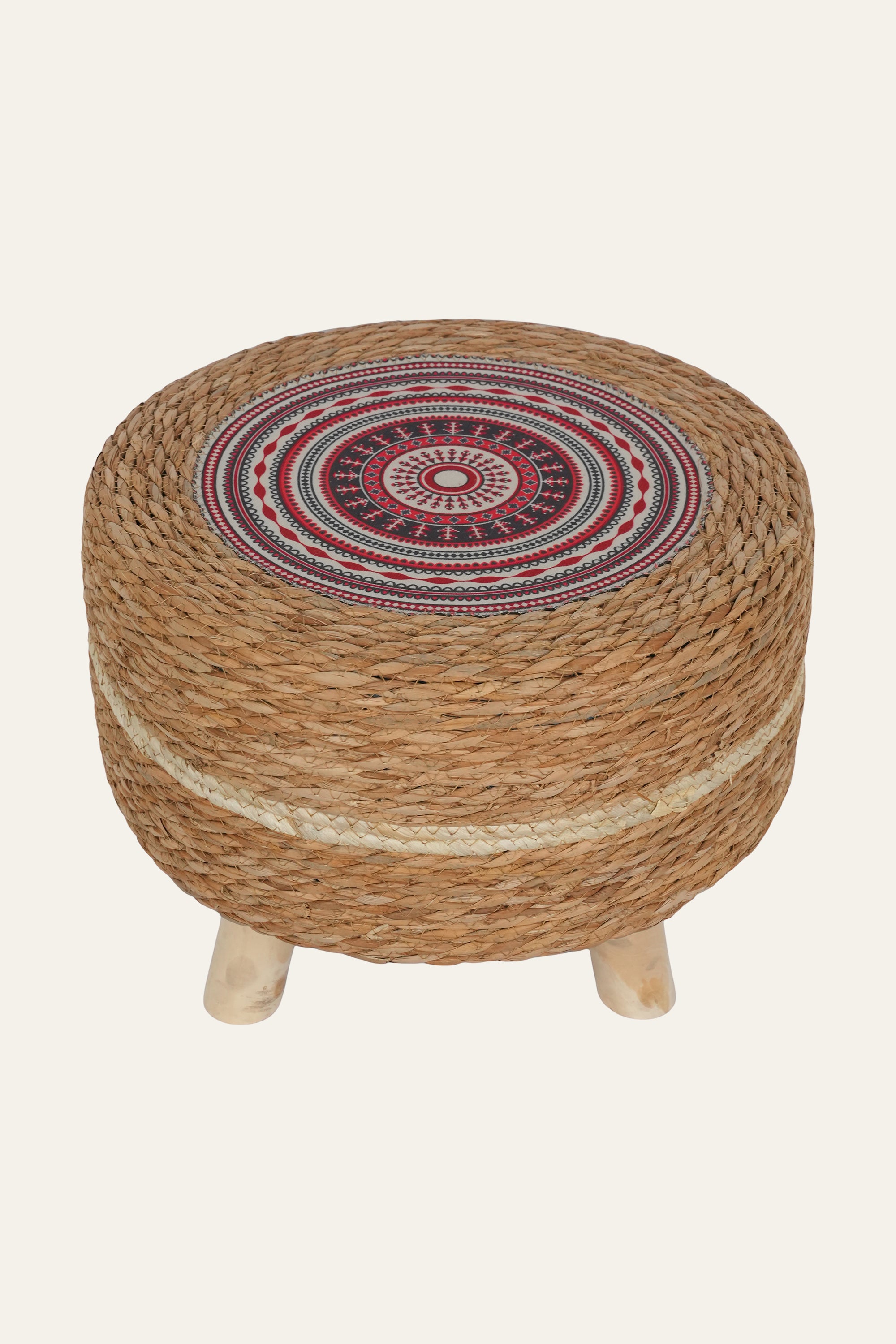 Handwoven Natural Fibre Round Accent Stool in Wood