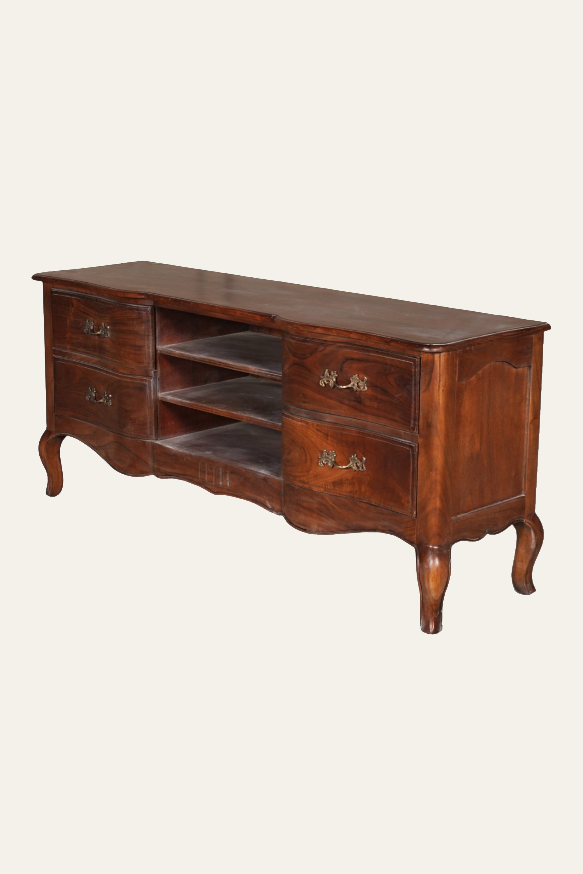 French Provincial Wooden TV Unit with 4 Drawers & Open Media Shelves