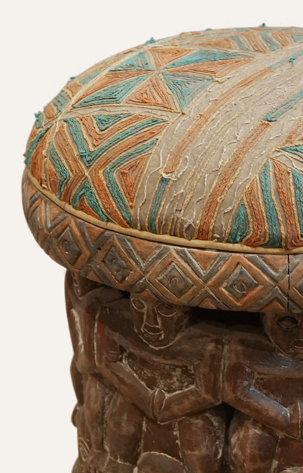 Tribal Carved Figure Stool with Embroidered Seat