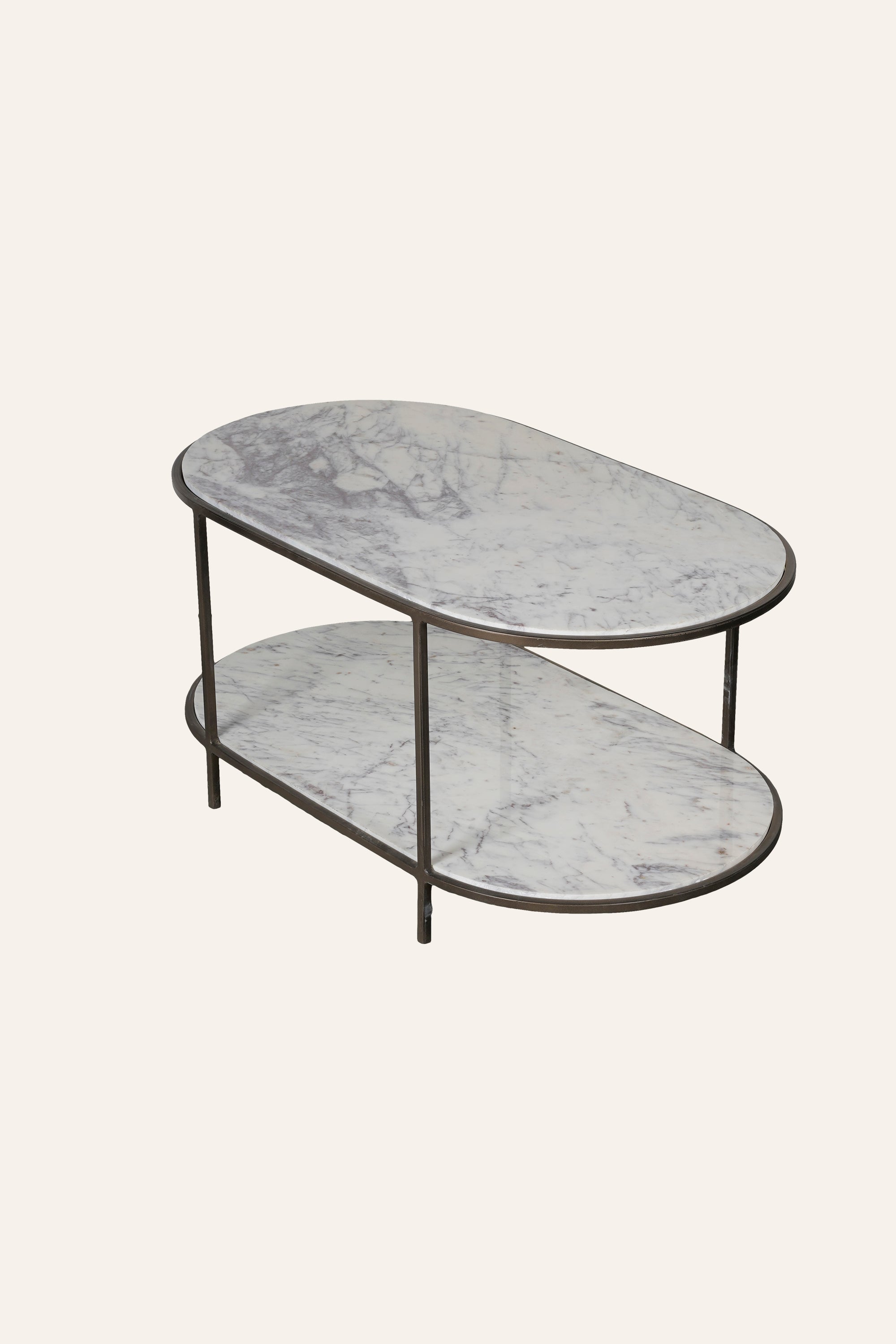 Oval Two-Tier Marble Coffee Table with Metal Frame