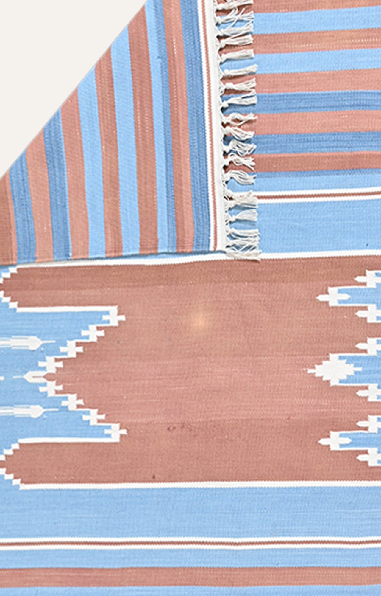 Sky Blue & Terracotta Tribal Striped Rug with Tassels