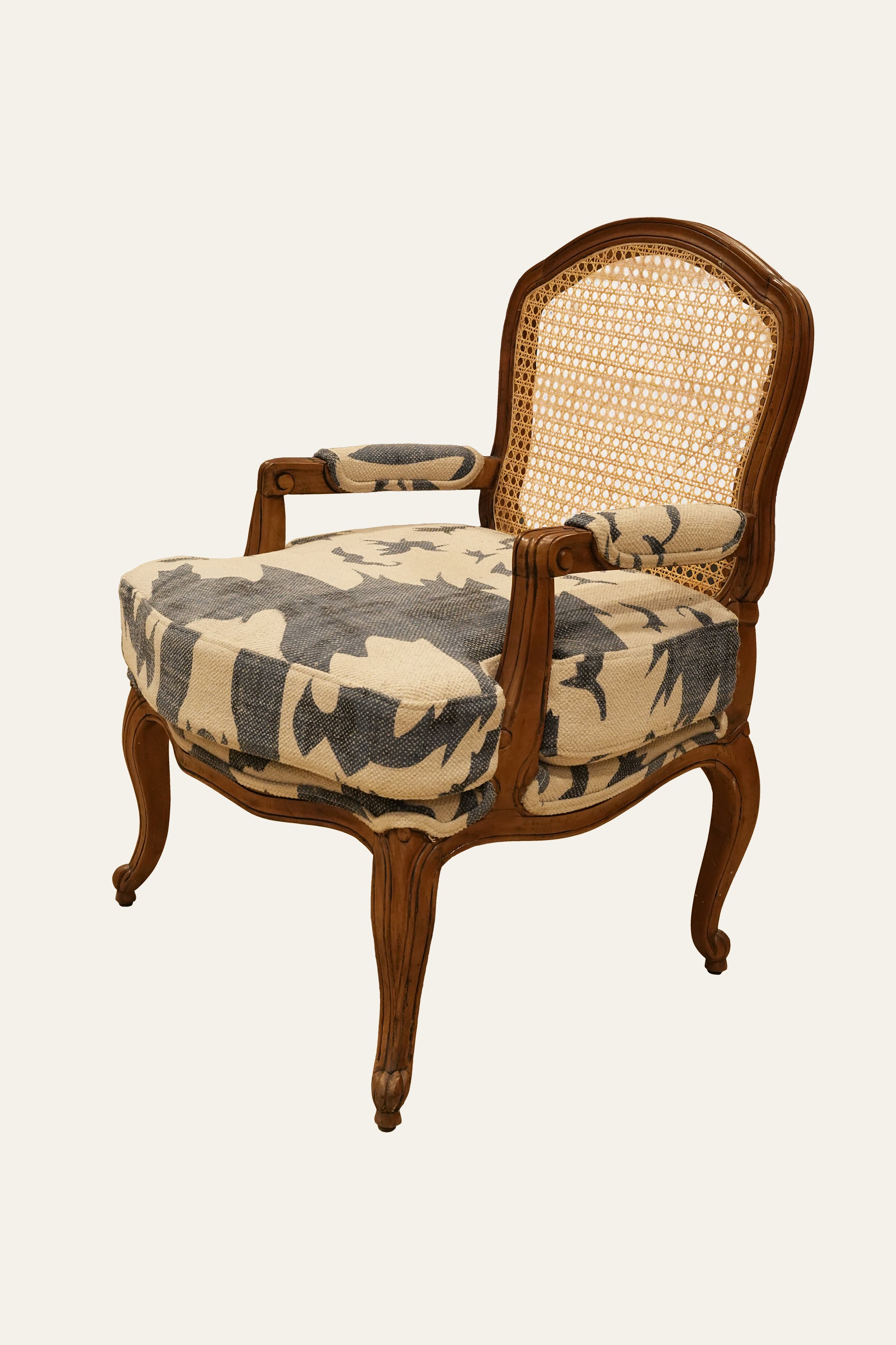 French Provincial Style Cane Back Armchair with Patterned Seat