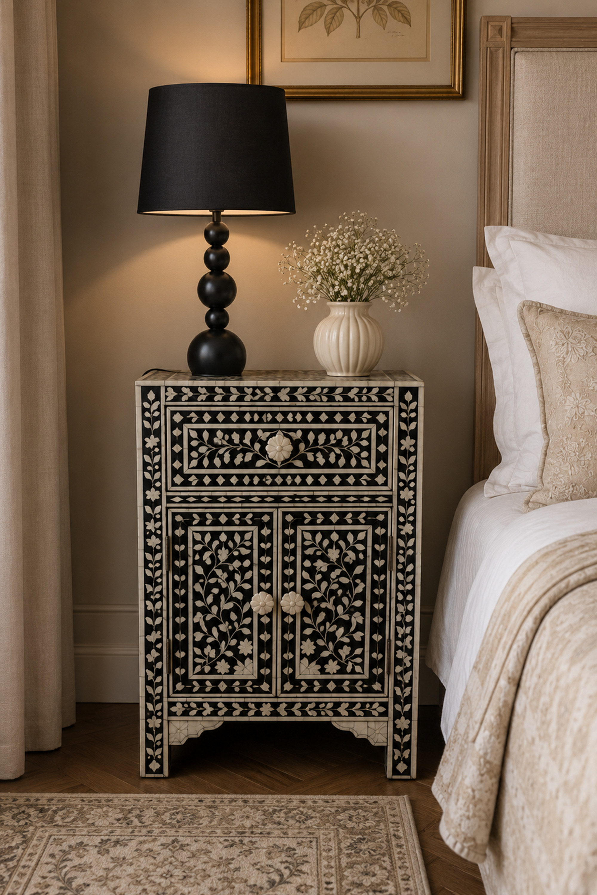 Black Bone Inlay Floral 1-Door Bedside Table with Storage Drawer