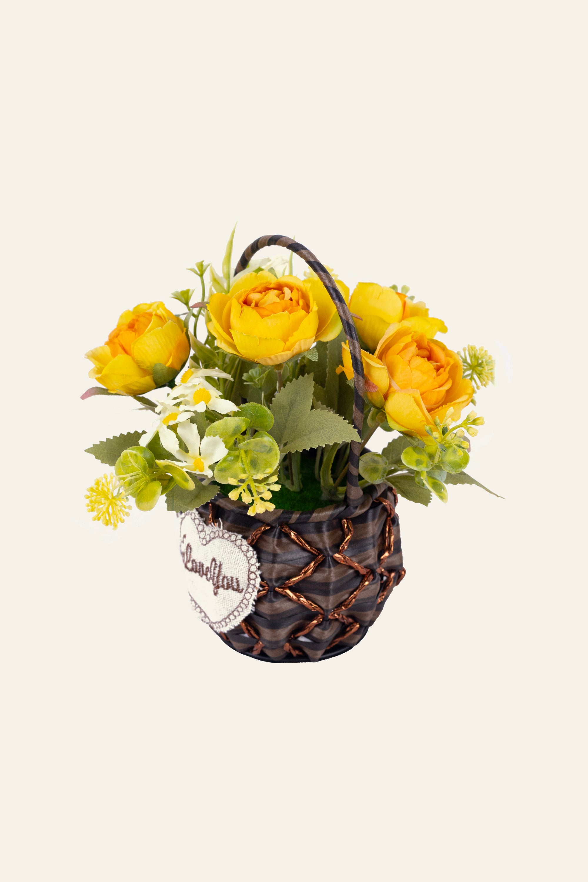 Yellow Rose Artificial Flower in Woven Basket