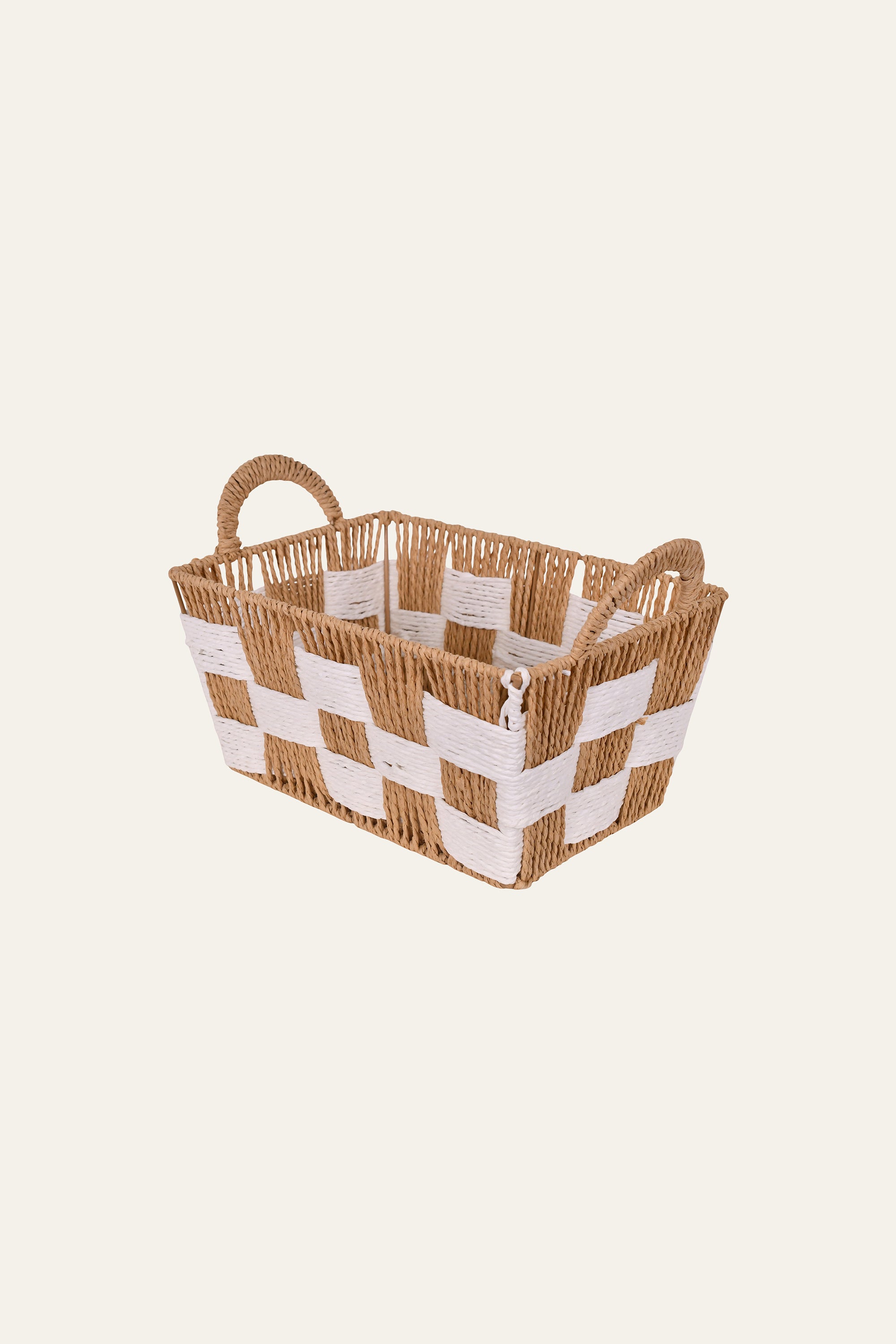 Brown & White Checkered Woven Storage Basket – Small