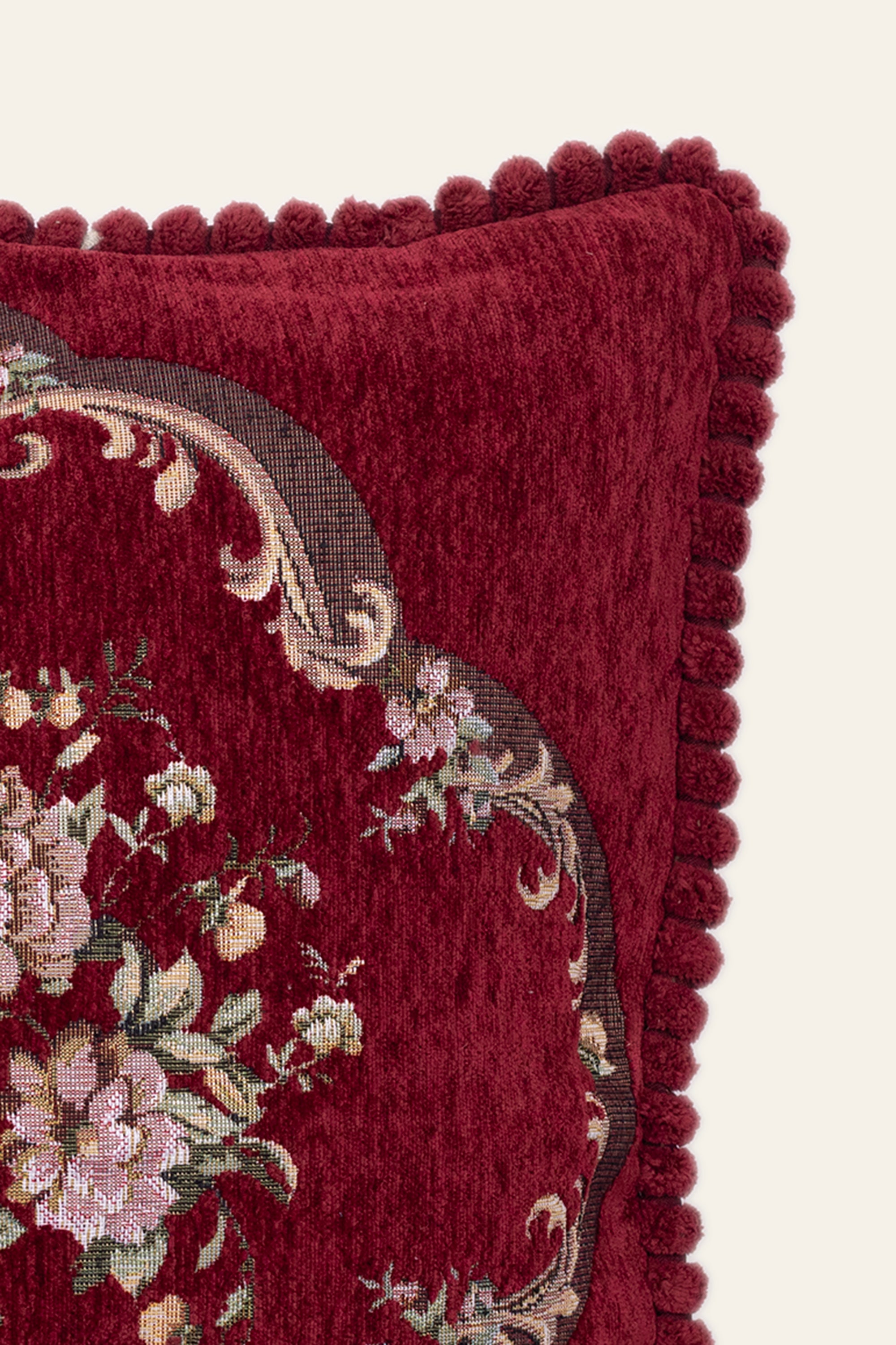 Dark Red Floral Embroidered Velvet Cushion