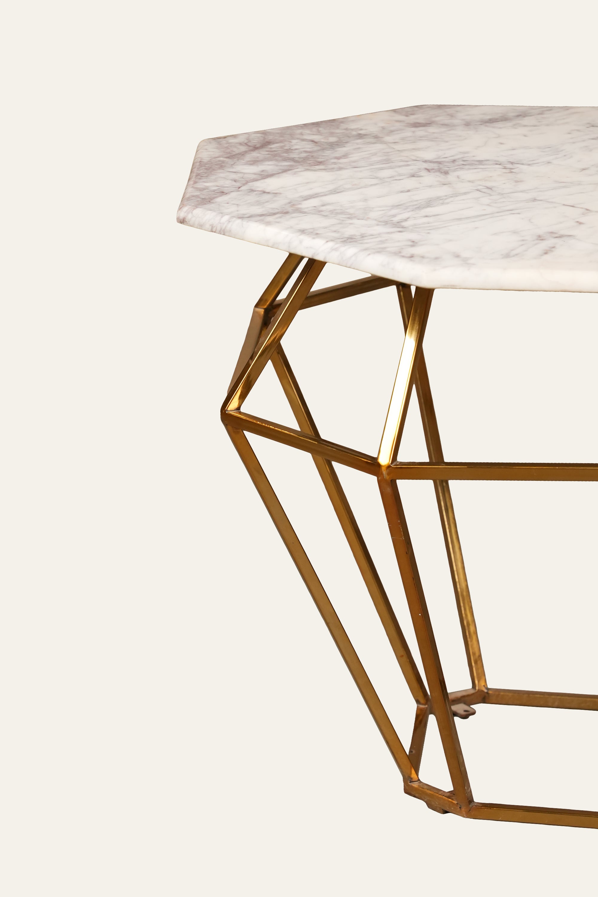 Hexagon Shaped Marble Coffee Table  with Geometric Gold Metal Base