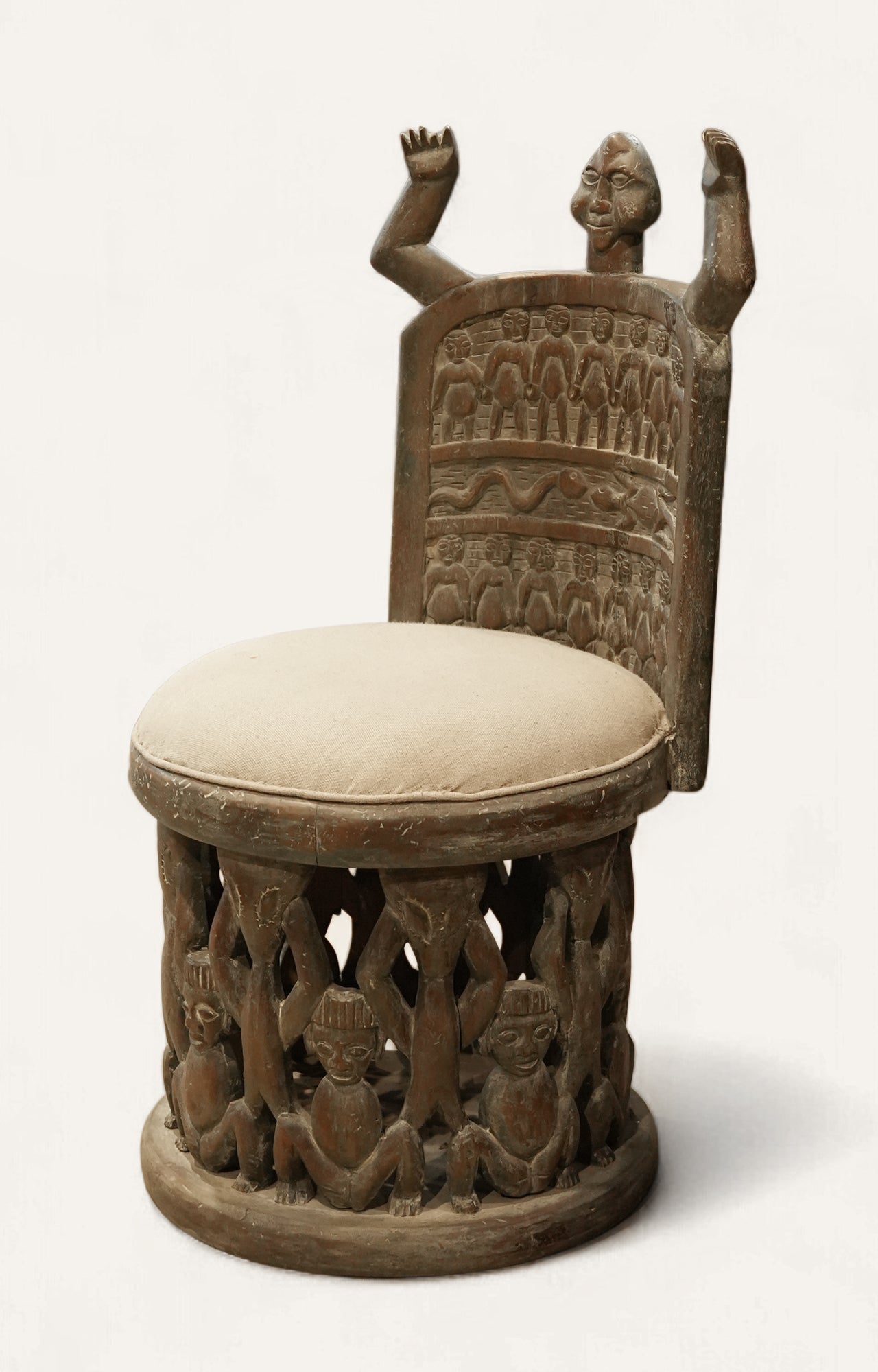 Tribal Carved Sculptural Chair with Round Upholstered Seat
