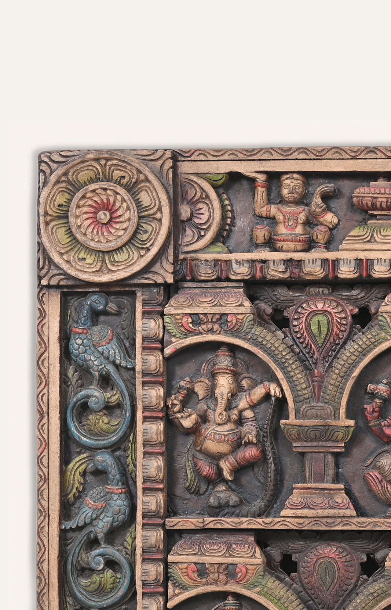 Richly Coloured Wooden Panel Of Six Ganesha Figurines