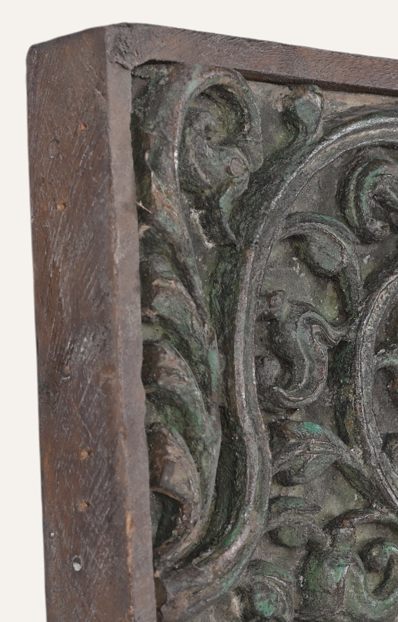 Verdigris Teak Panel with Folk Motifs