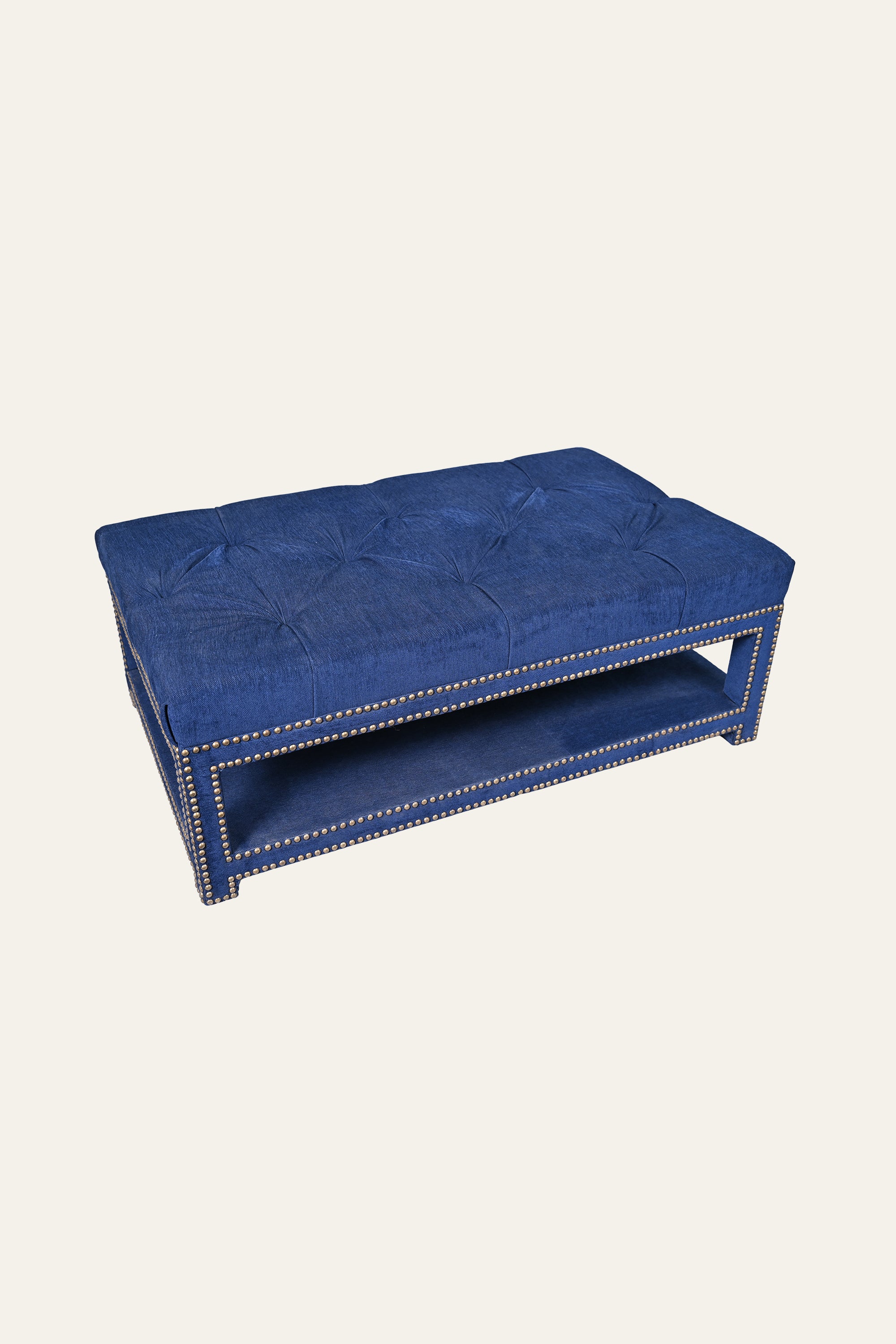 Navy Blue Tufted Coffee Table with Brass Nailhead Trim