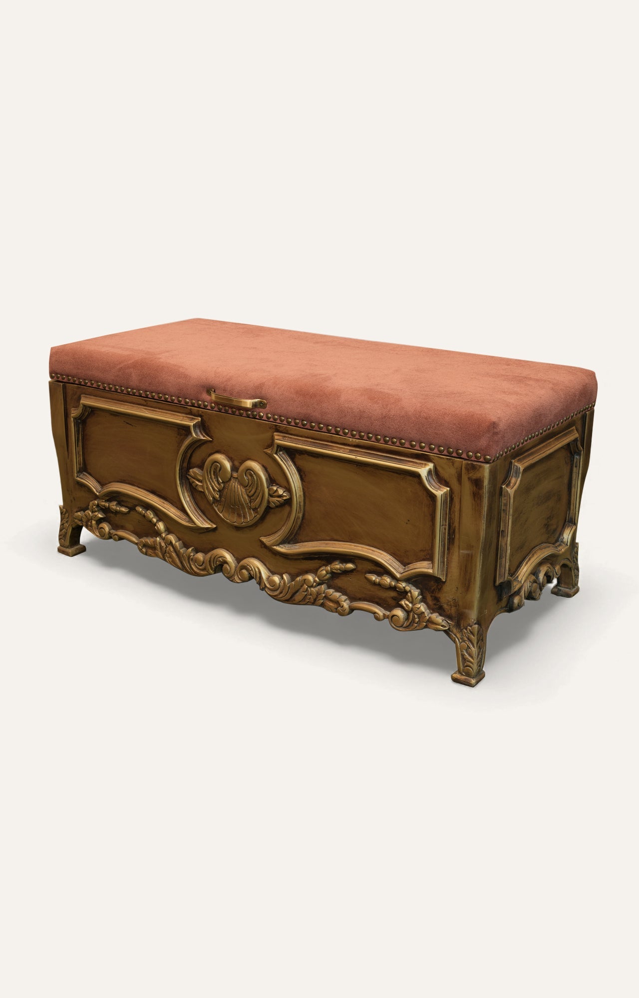 Gold Carved Storage Bench with Velvet Upholstered Seat