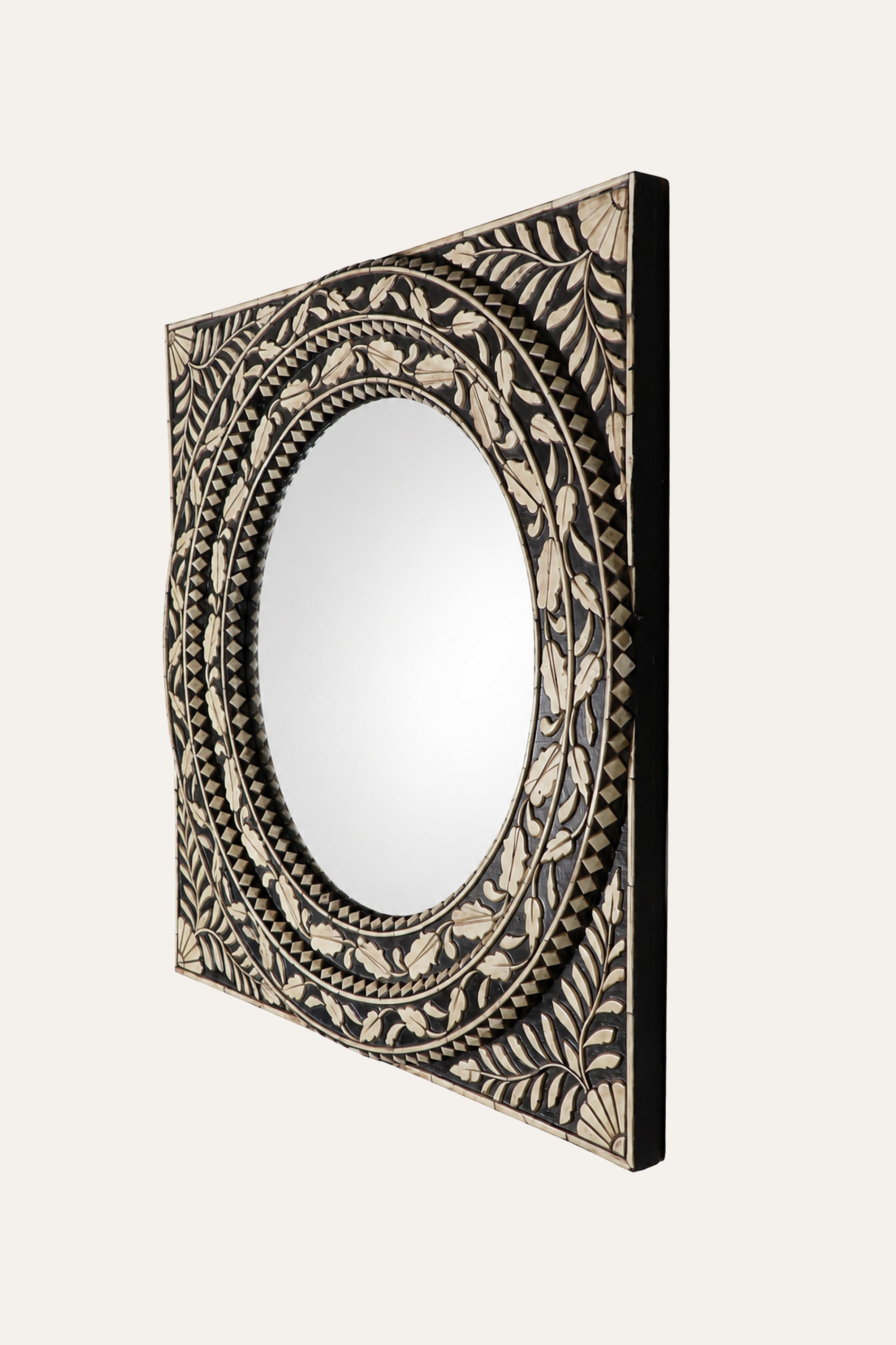 Black and White Camel Bone Inlay Floral Motif Mirror for Foyer