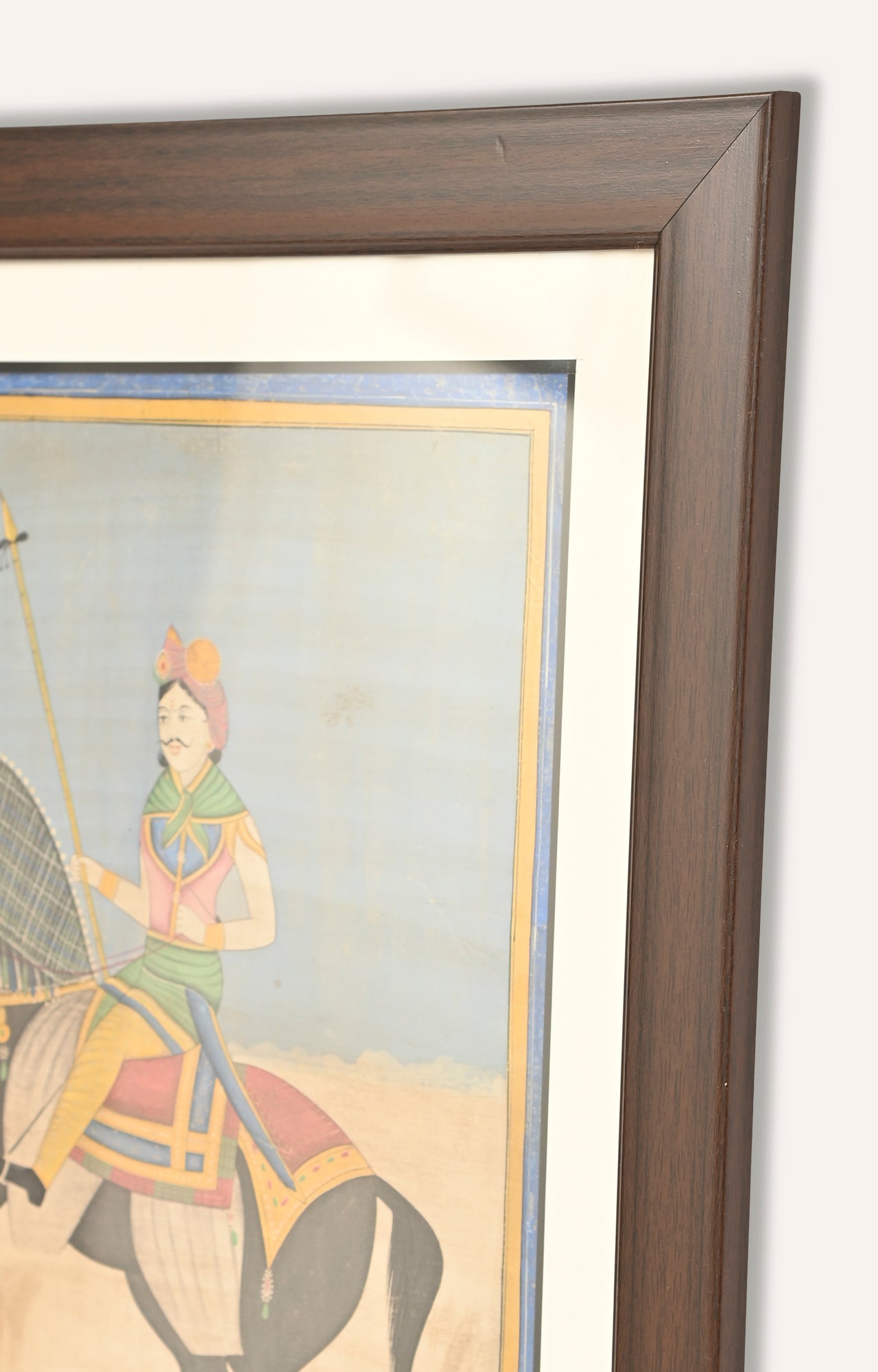 Mughal Emperor on Horse : Framed Watercolor Painting.