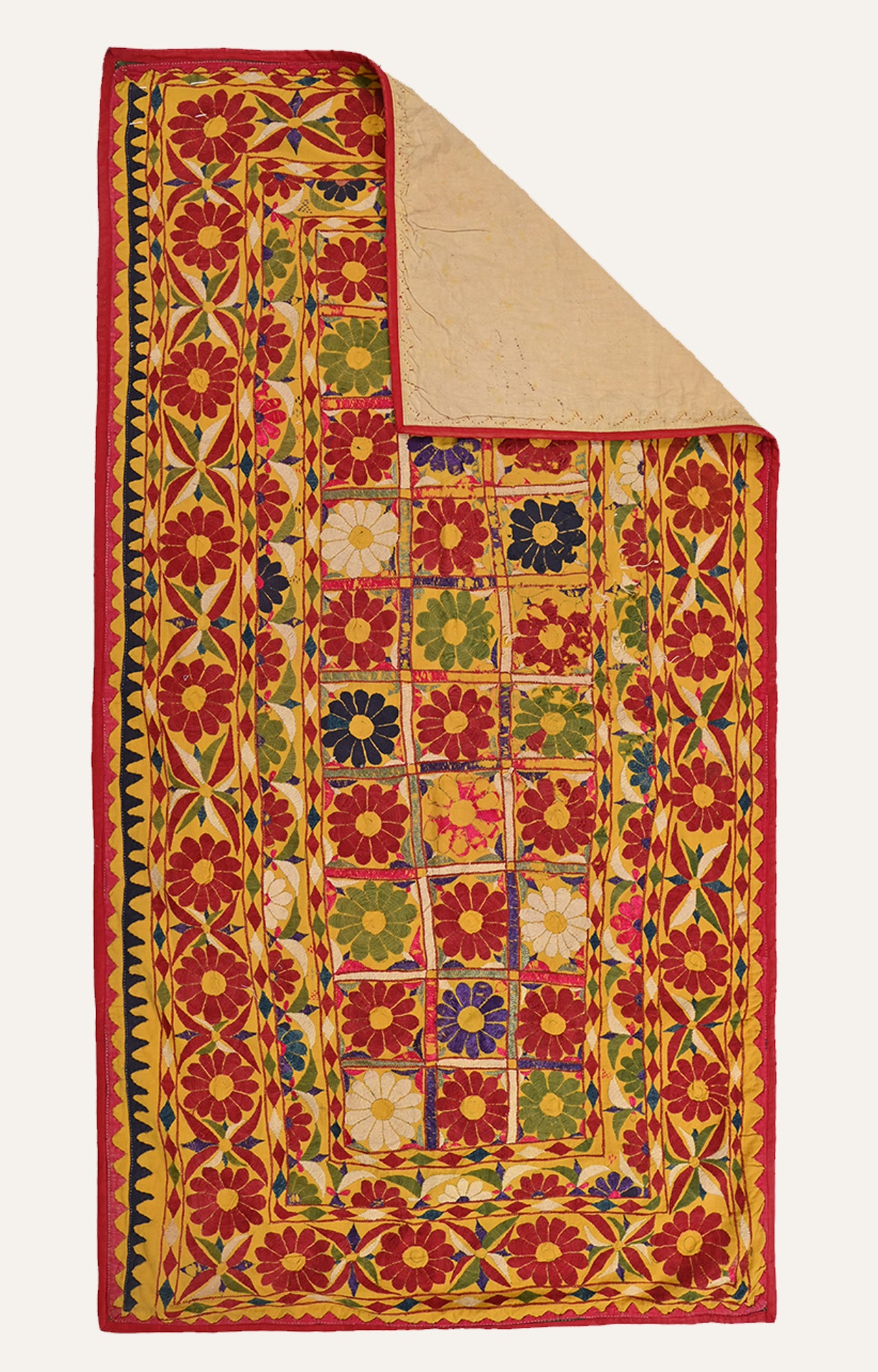 Vintage yellow Hand-Embroidered Gujarati Tapestry