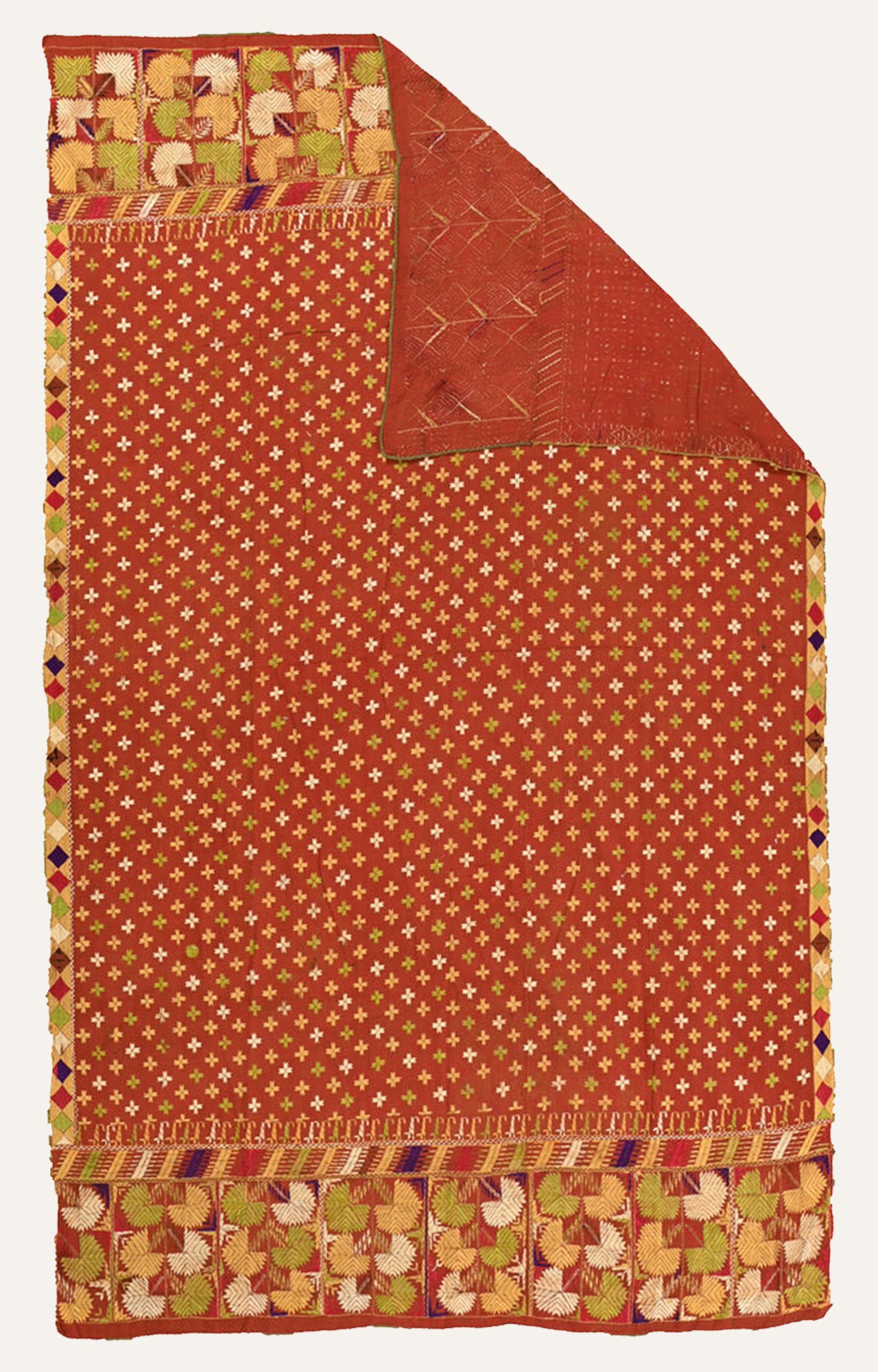 Vintage Phulkari Silk Tapestry: Punjabi Bagh Textile, Traditional Floral Handwork